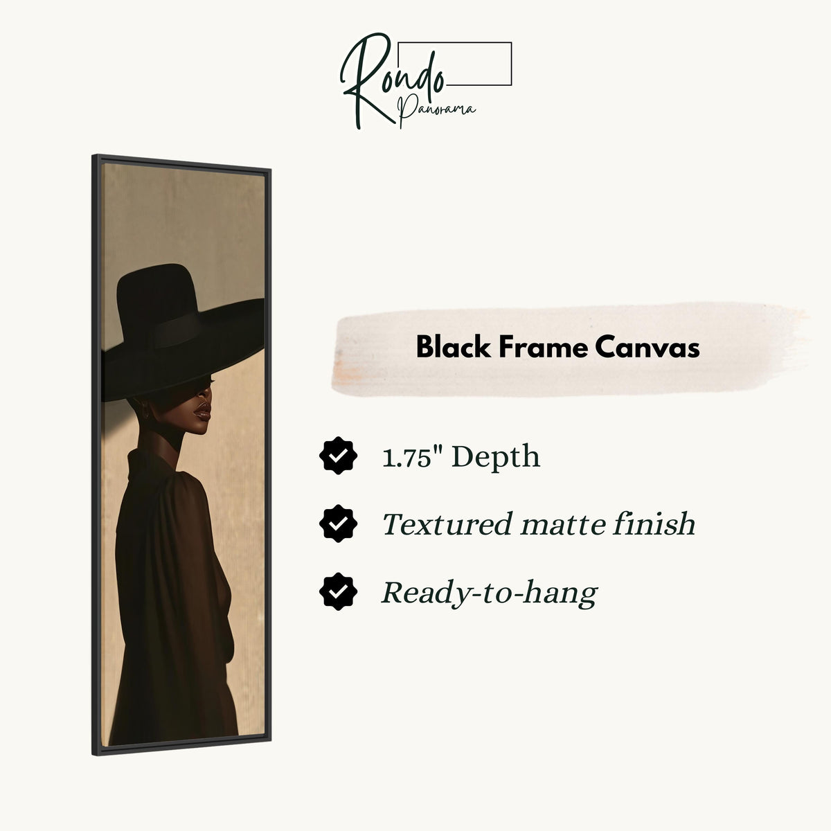 Woman in a wide black hat in profile canvas print in a black floating frame