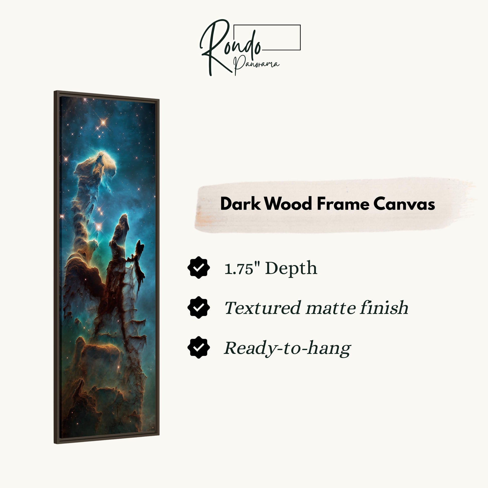 The image is a dark wood frame canvas depicting a nebula, a vast cloud of gas and dust in space.