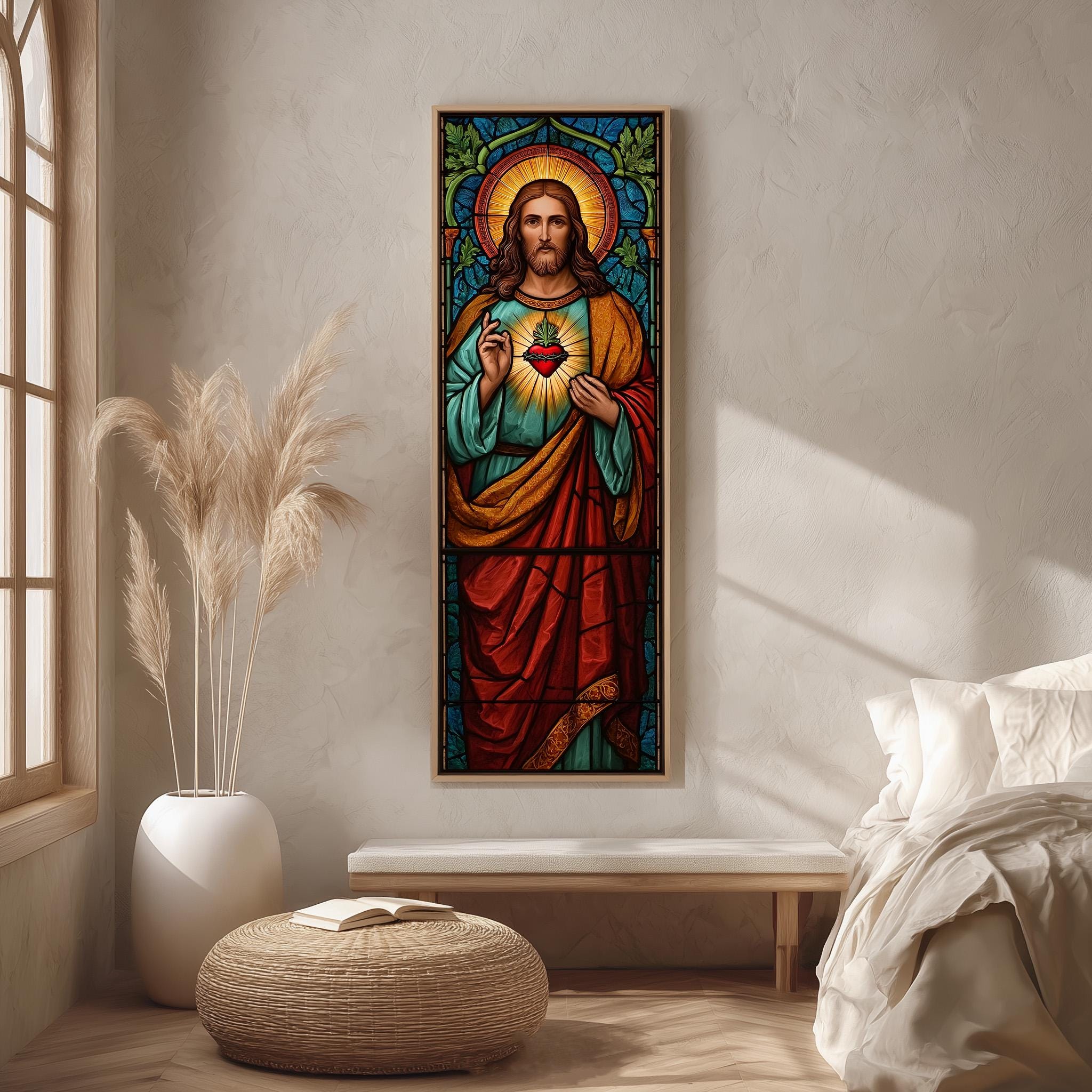 a large, colorful painting of Jesus Christ hanging on a wall in a room.