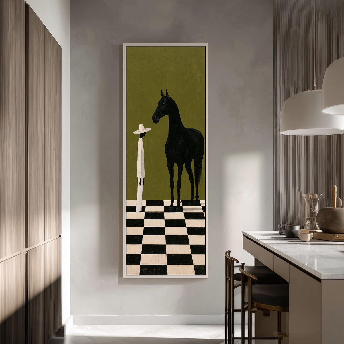 Black horse and figure on a checkerboard floor tall skinny canvas print in a modern kitchen