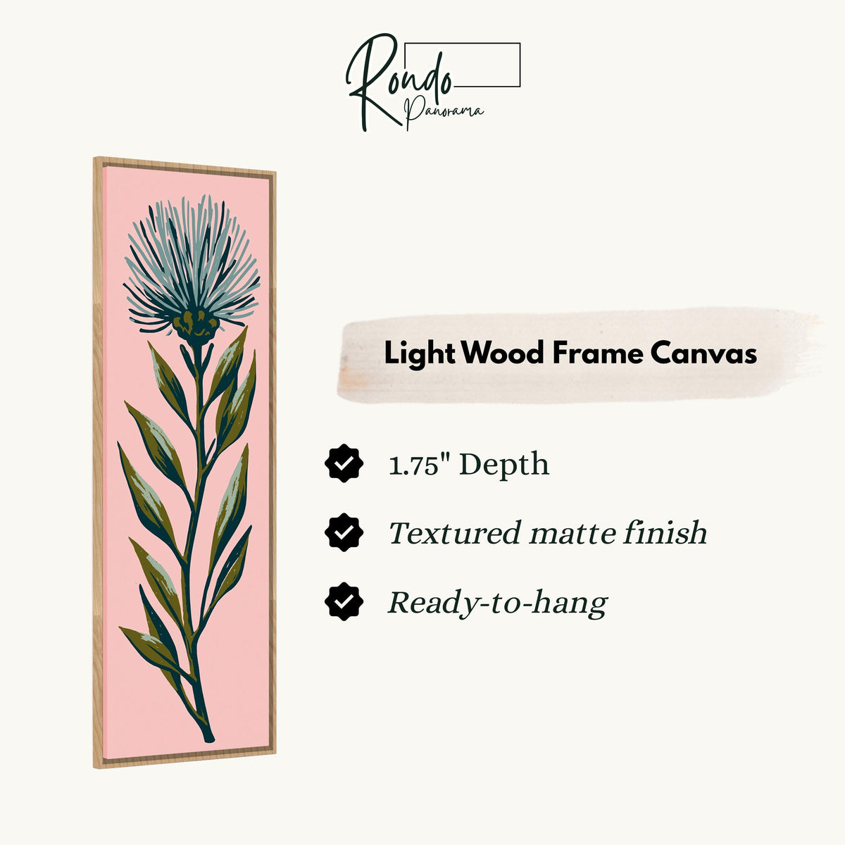 Blue thistle flower on blush pink canvas print in a light wood floating frame