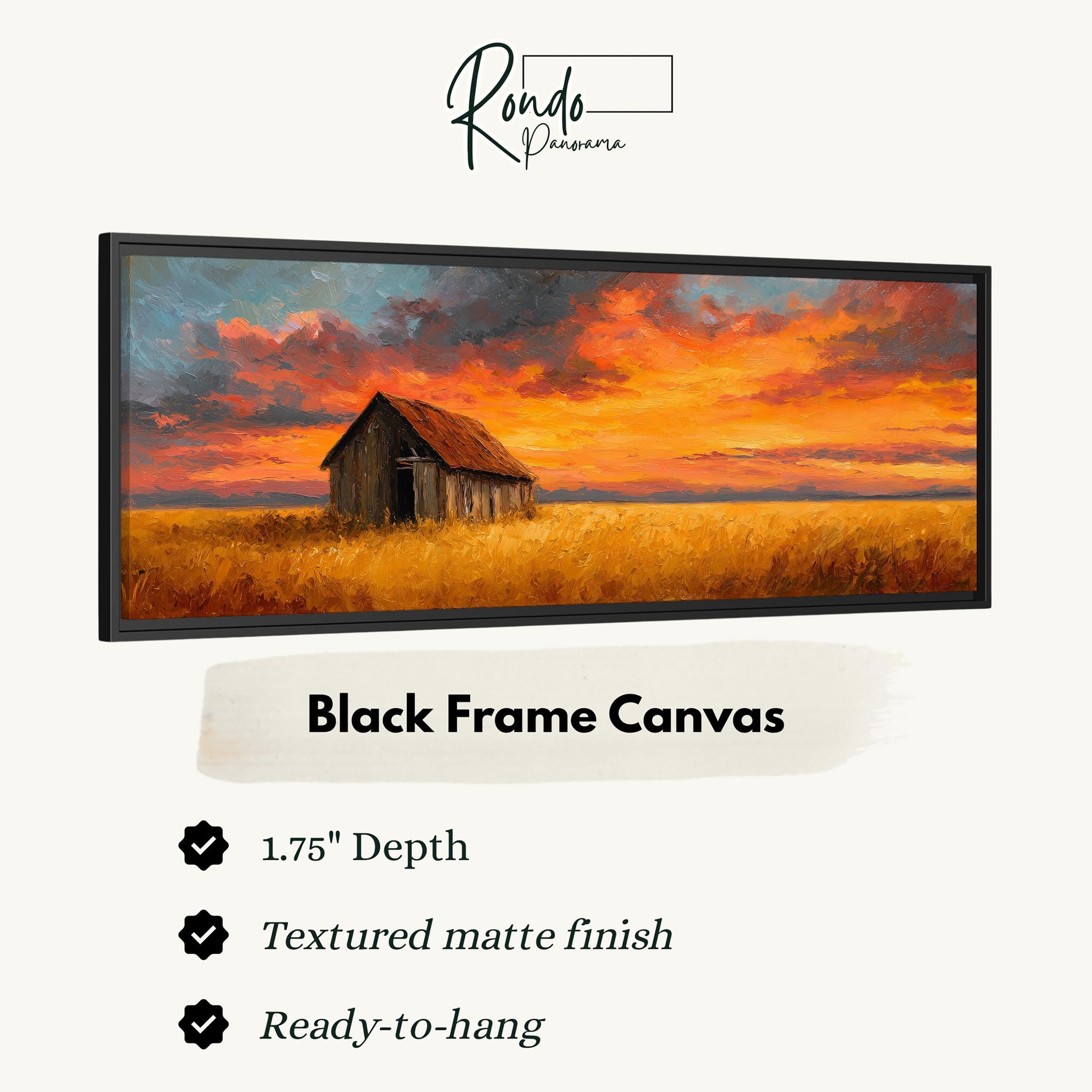 The image is a black frame canvas depicting a rural landscape with a barn and a field at sunset.