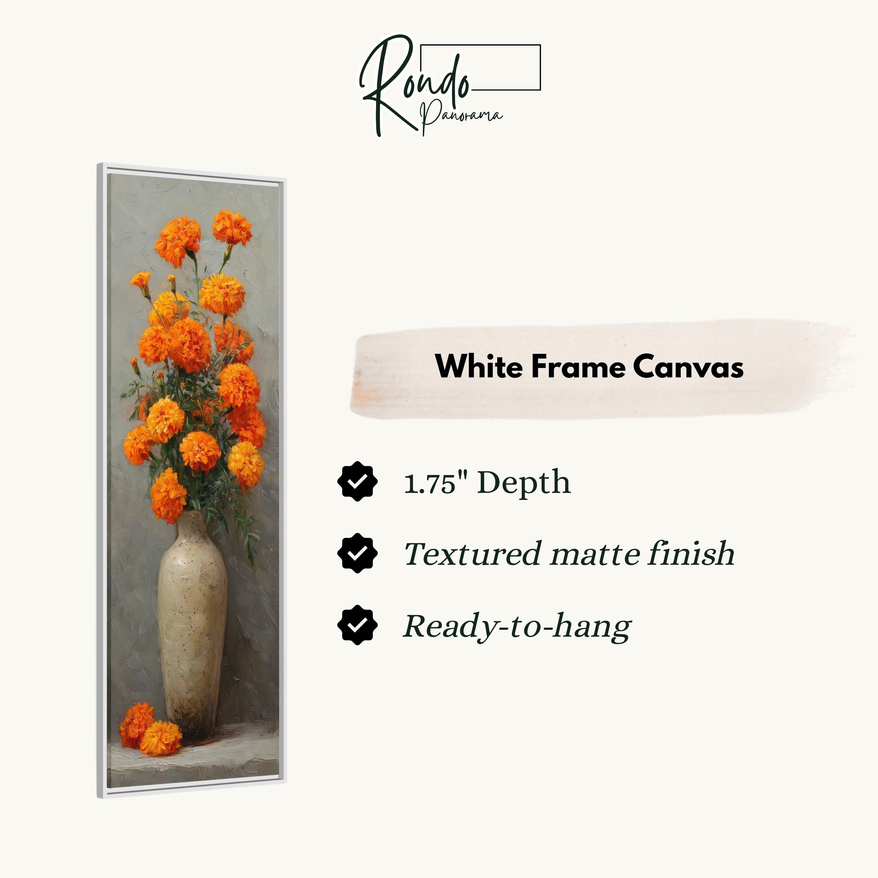 a white frame canvas with a vase of orange flowers, and it is described as a 1.75" depth canvas with a textured matte finish and a ready-to-hang feature.