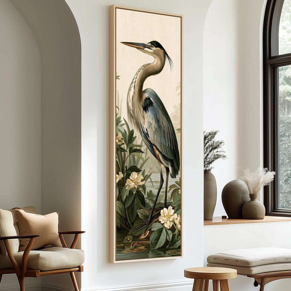 Blue heron among magnolia blooms long vertical canvas print in a sunlit living space