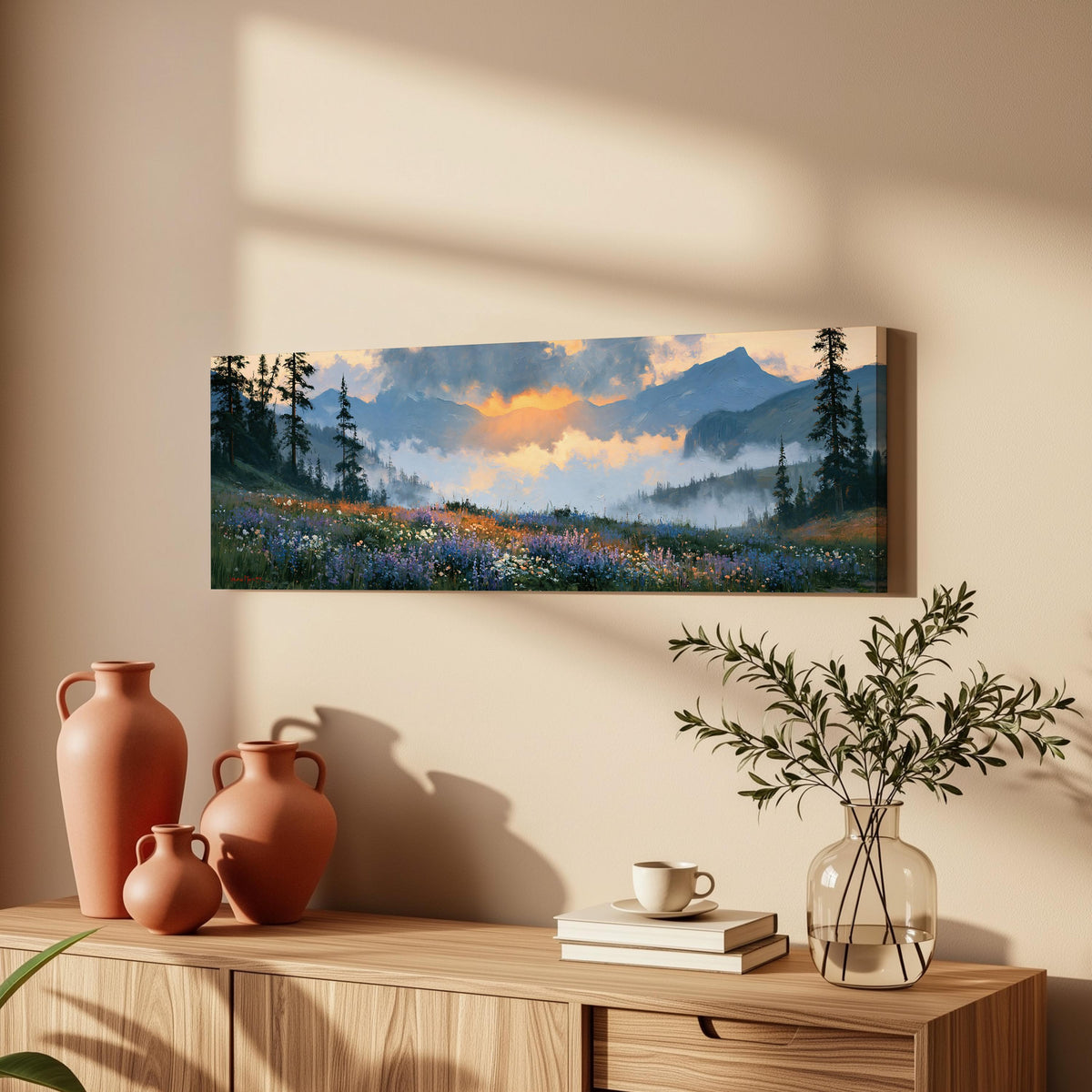 Alpine wildflower meadow at sunset long horizontal canvas print above a wooden sideboard