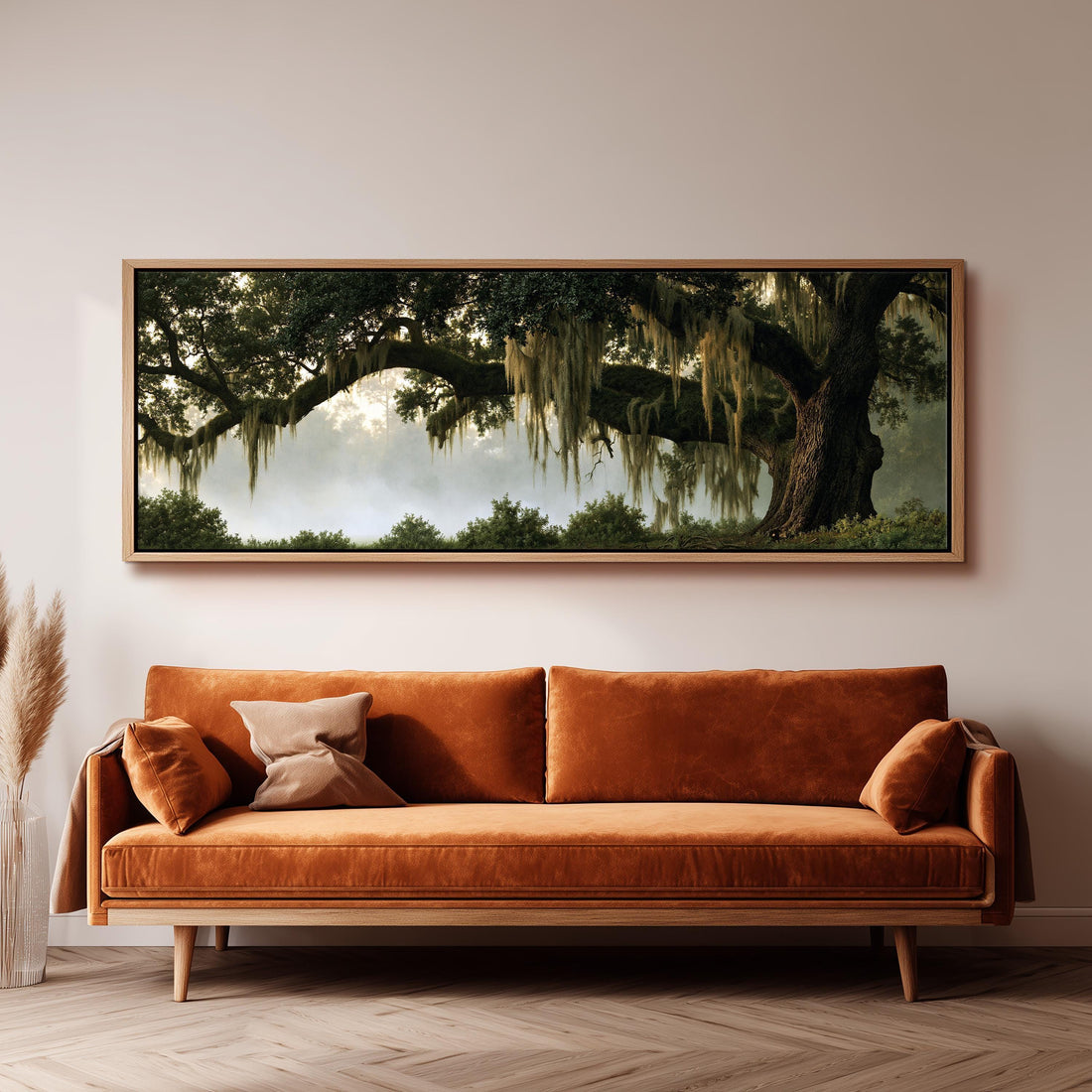 Live oak draped in Spanish moss at dawn long horizontal canvas print above a sofa in a living room