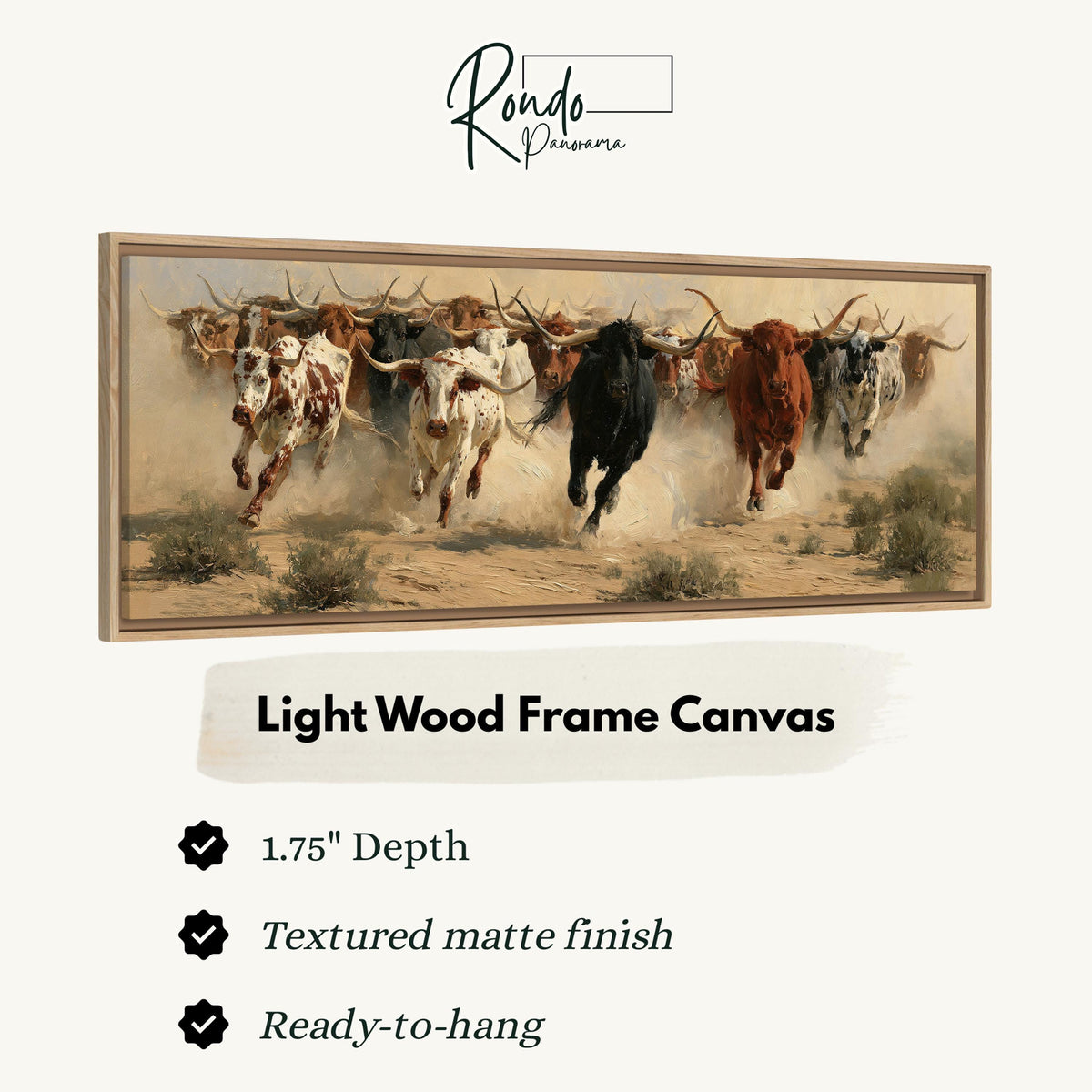 Charging longhorn herd canvas print in a light wood floating frame