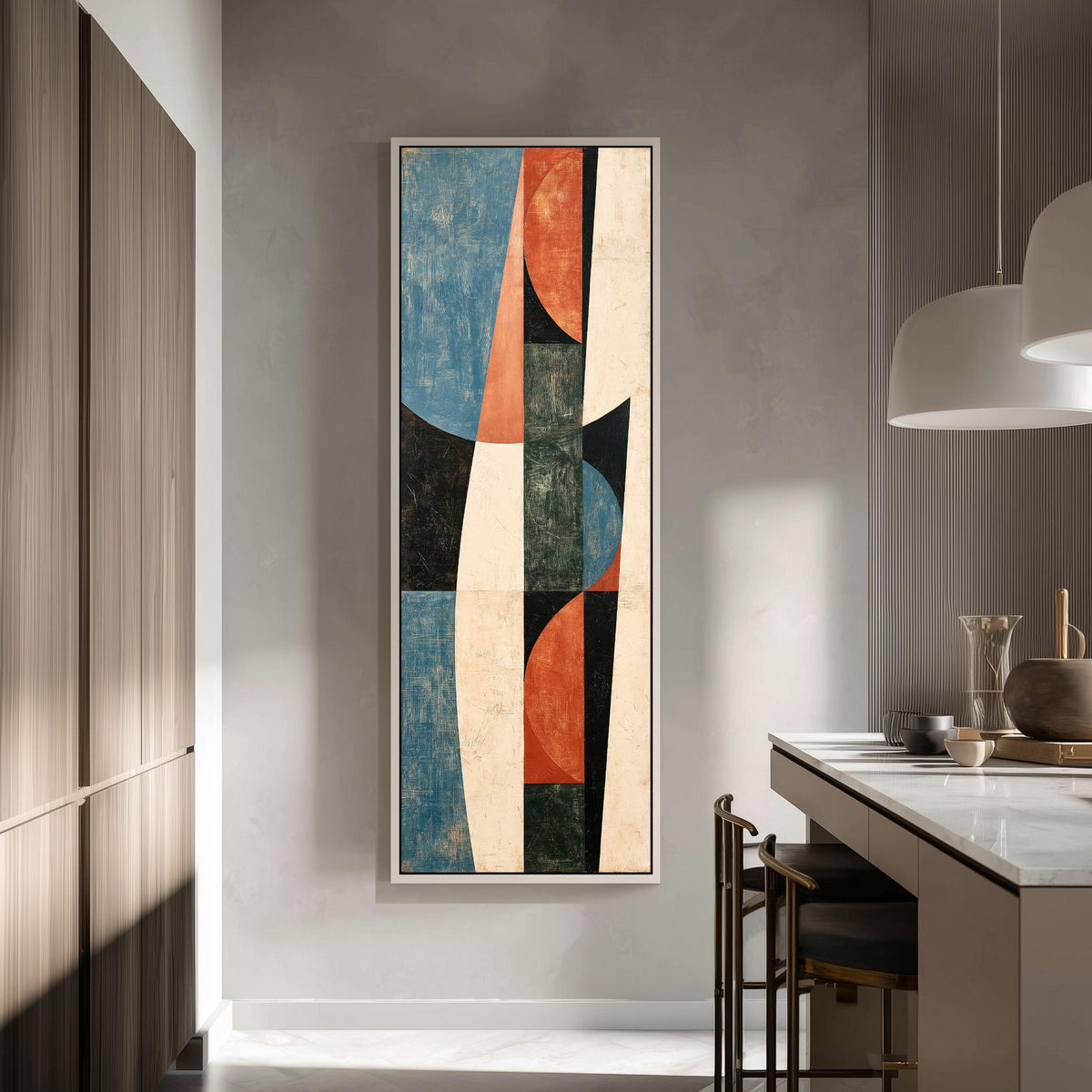 Textured curves in blue, orange and black tall skinny canvas print in a modern kitchen