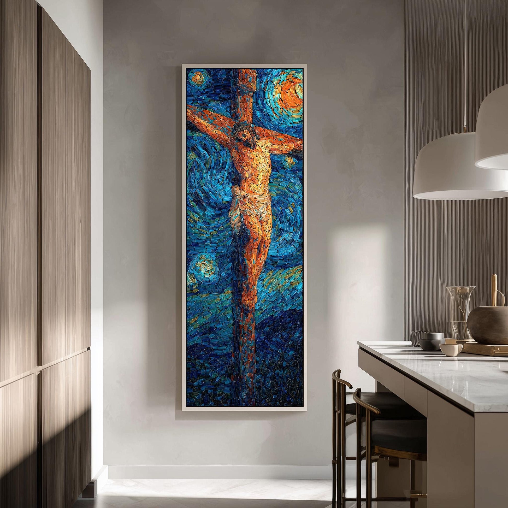 a large, colorful painting of Jesus Christ on the cross hanging on a wall in a modern, minimalist kitchen.