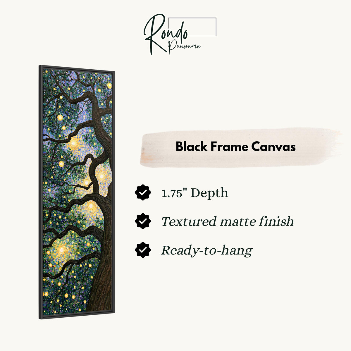 Tree canopy twinkling with golden lights canvas print in a black floating frame