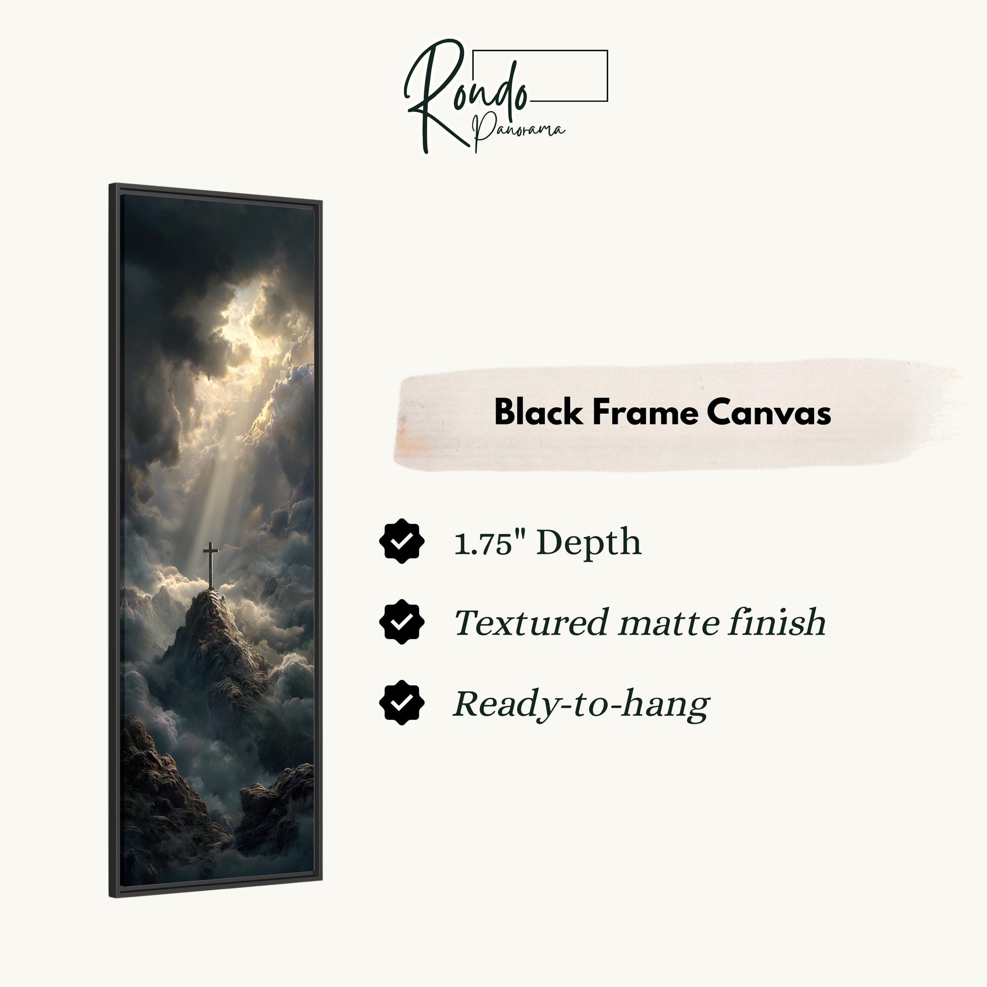 The image is a black frame canvas depicting a dramatic landscape with a cross on a mountain peak, surrounded by clouds and sunlight.