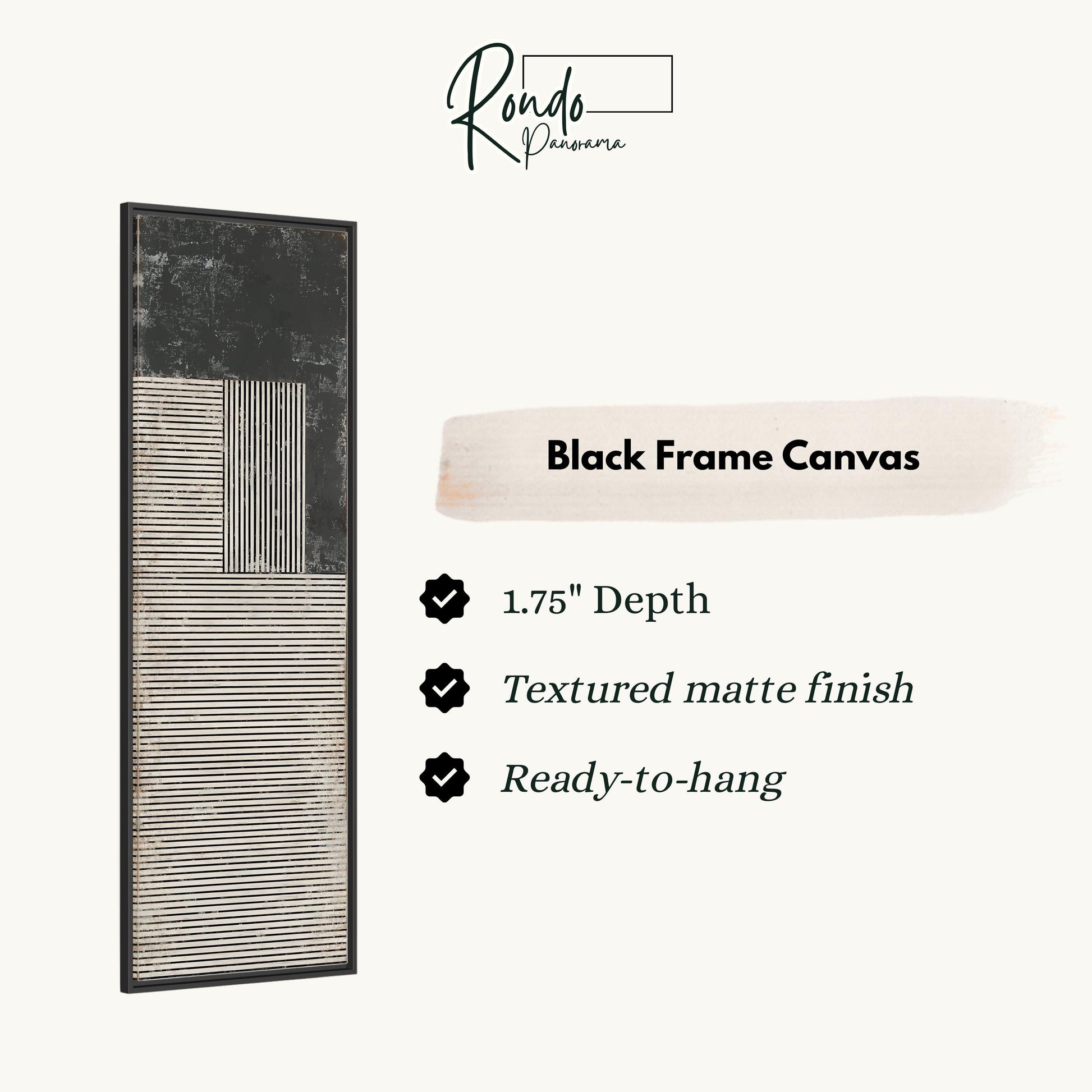 The image is a product description for a black frame canvas. It features a black frame canvas with a geometric design and provides details about its features, including 1.75" depth, a textured matte finish, and the ability to hang it.