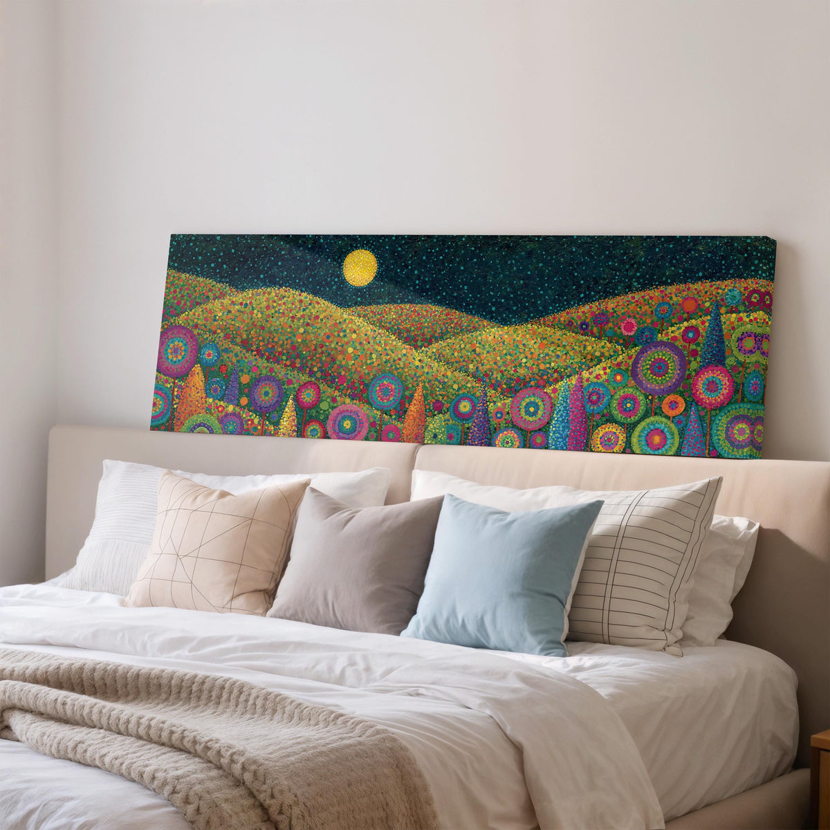 Moonlit flower hills wide panoramic canvas print above a bed in a bedroom