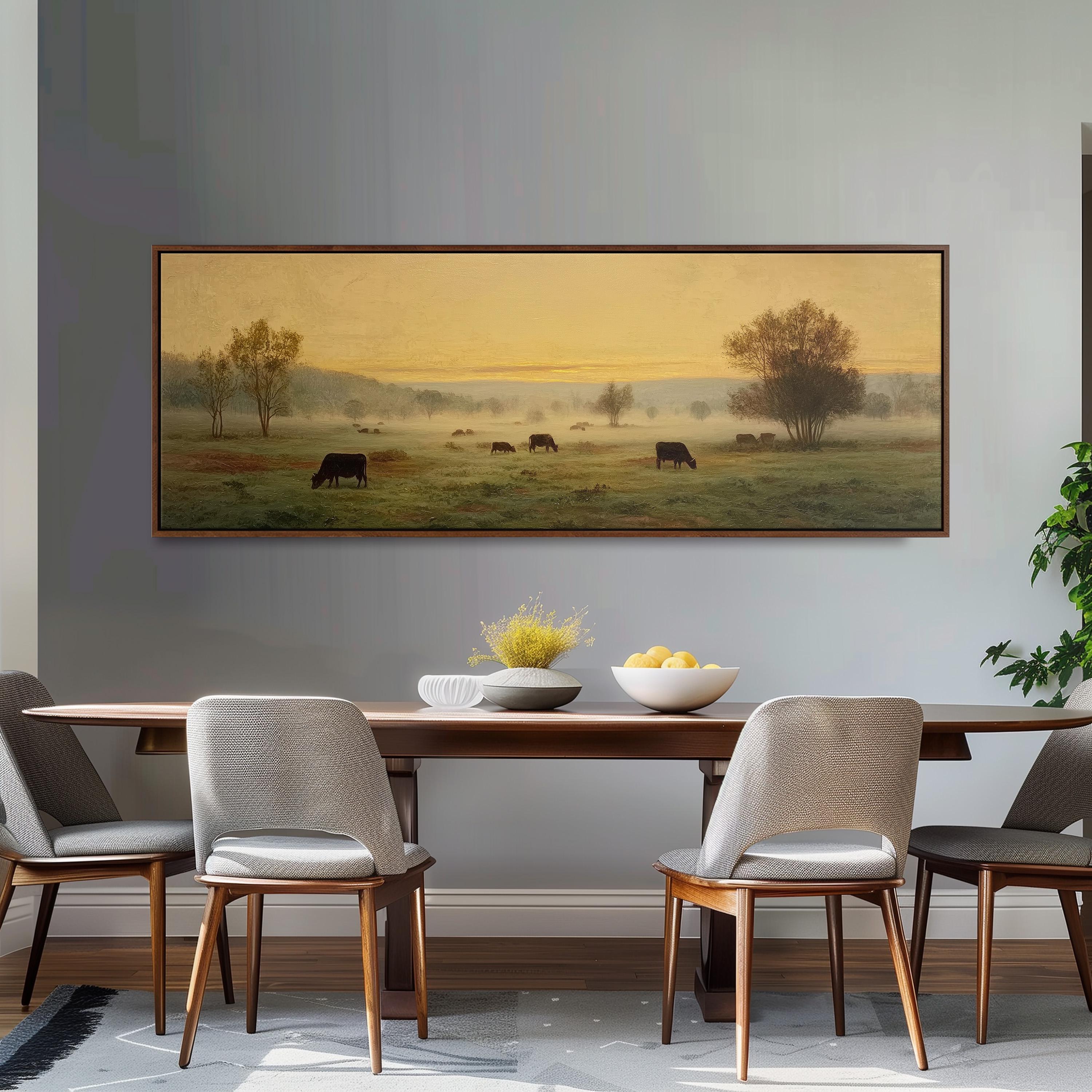 a large painting of cows grazing in a field, hanging on a wall above a wooden dining table with four chairs.
