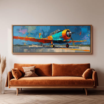 a large, colorful painting of a propeller plane hanging on a wall above a brown sofa.