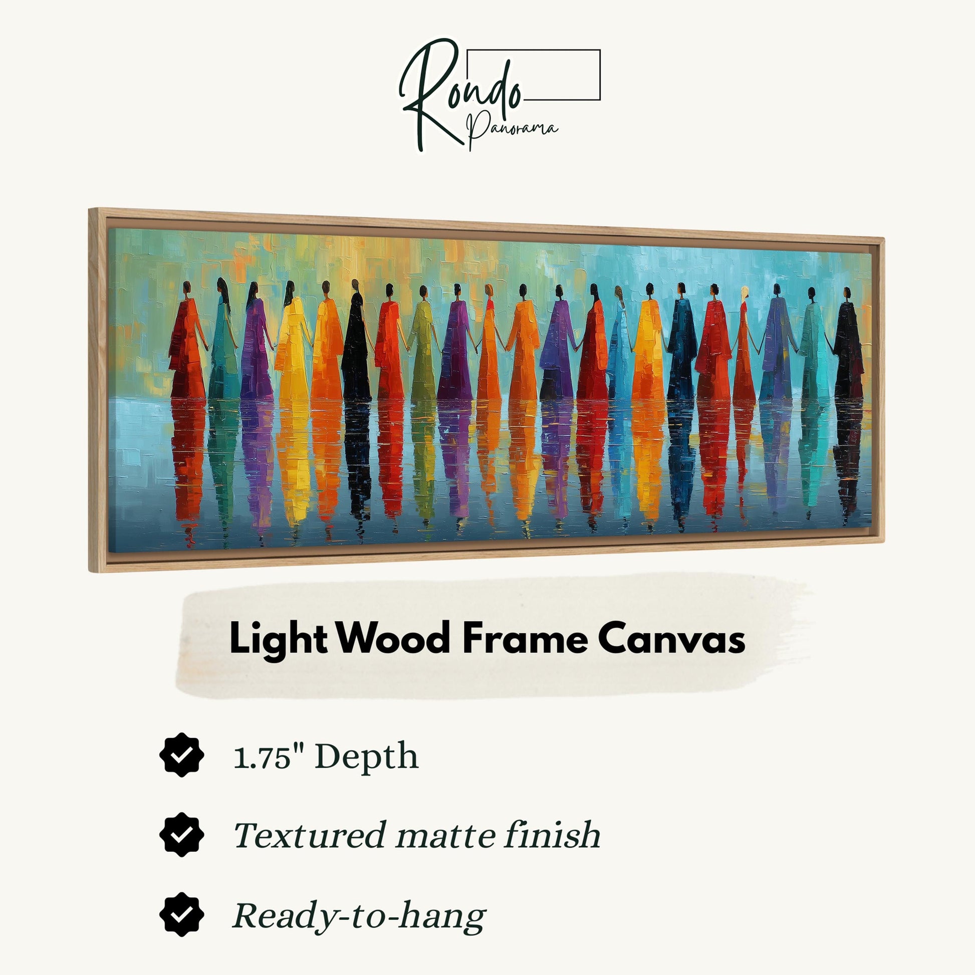 The image is a framed artwork depicting a group of people in colorful clothing standing in a row, with their reflections visible in the water below.