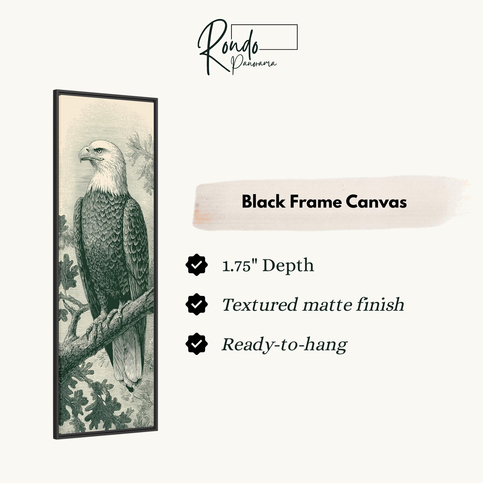 a black and white illustration of an eagle perched on a branch, with a text box below the image providing information about the black frame canvas.