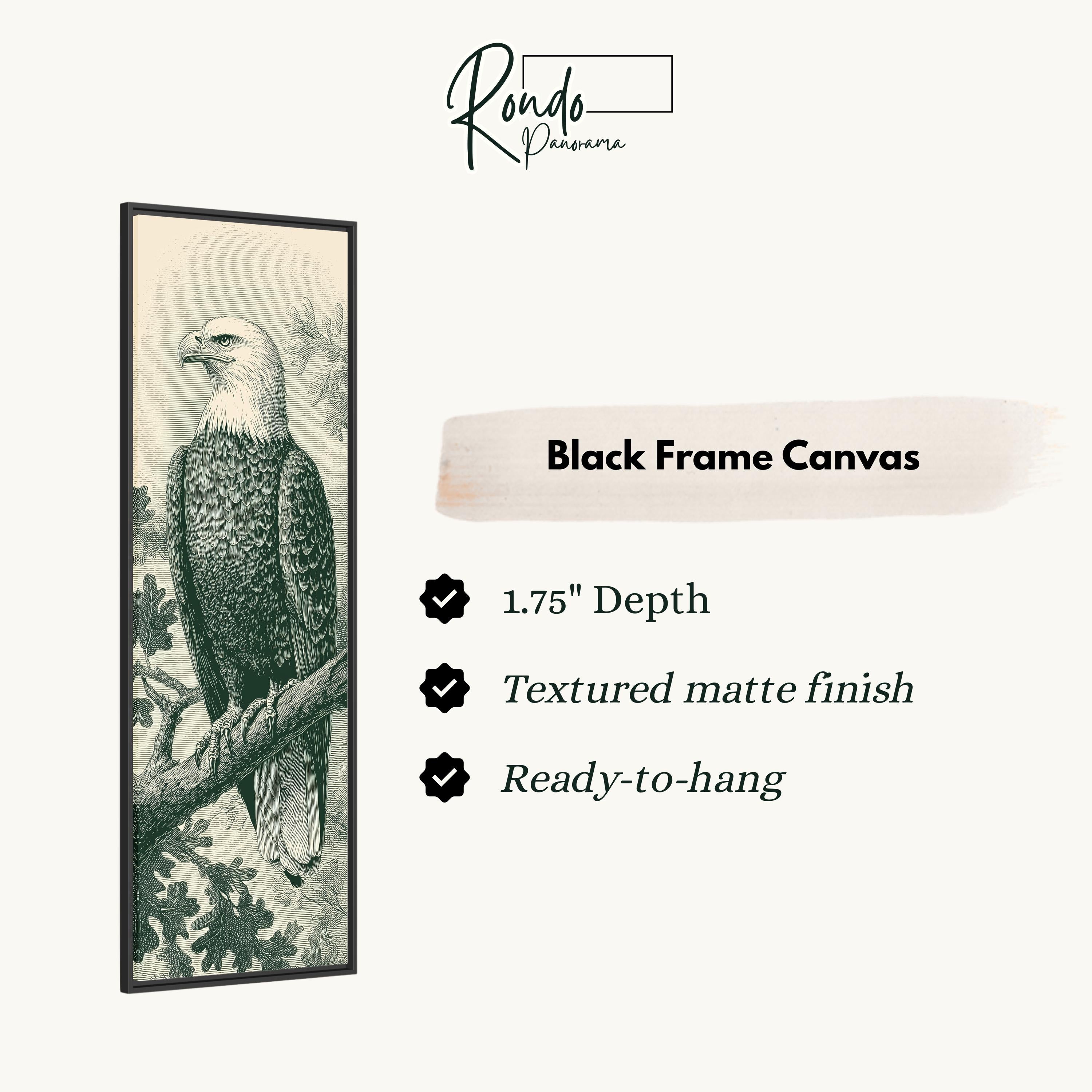 a black and white illustration of an eagle perched on a branch, with a text box below the image providing information about the black frame canvas.