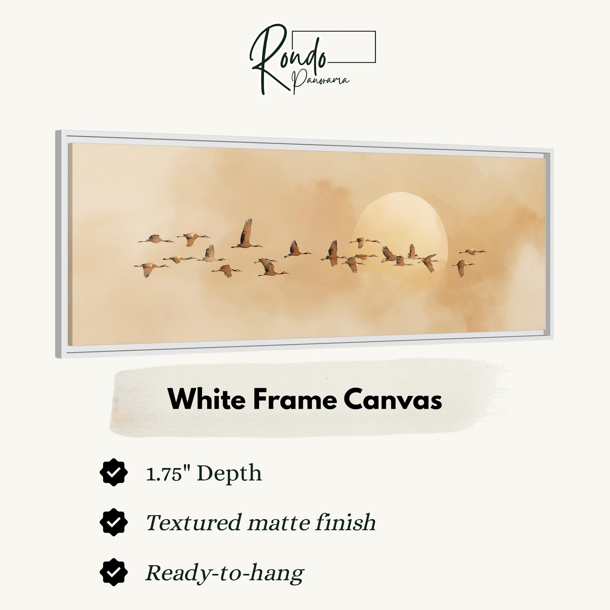 A white frame canvas depicting a flock of birds flying in the sky.