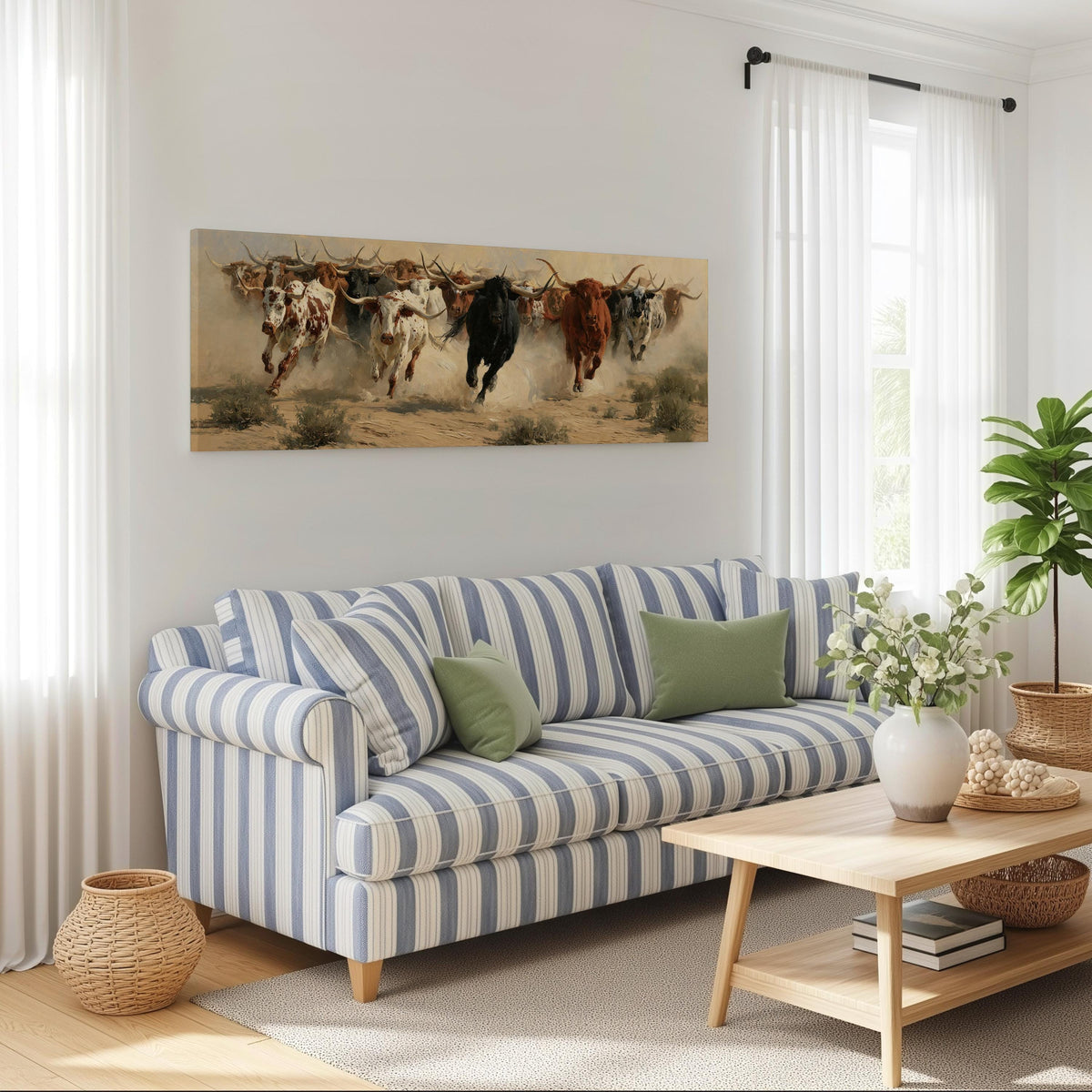 Charging longhorn herd long horizontal canvas print above a striped sofa in a coastal living room