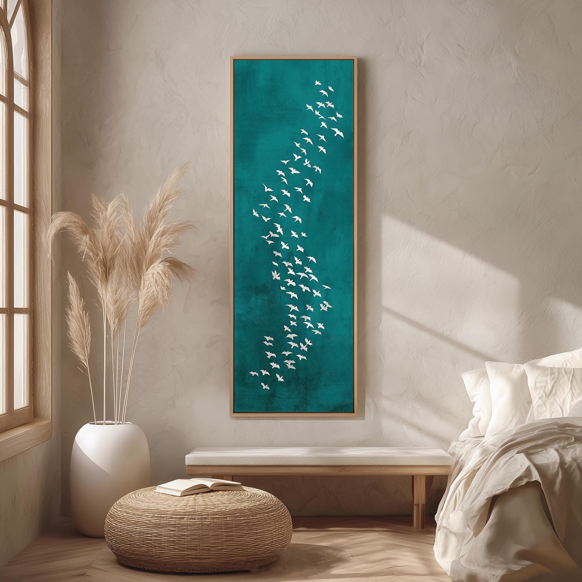 a serene and minimalist bedroom setting, featuring a large framed artwork of white birds on a teal background hanging on the wall, a white bed with a white pillow, a white wicker ottoman, and a large window with white curtains.