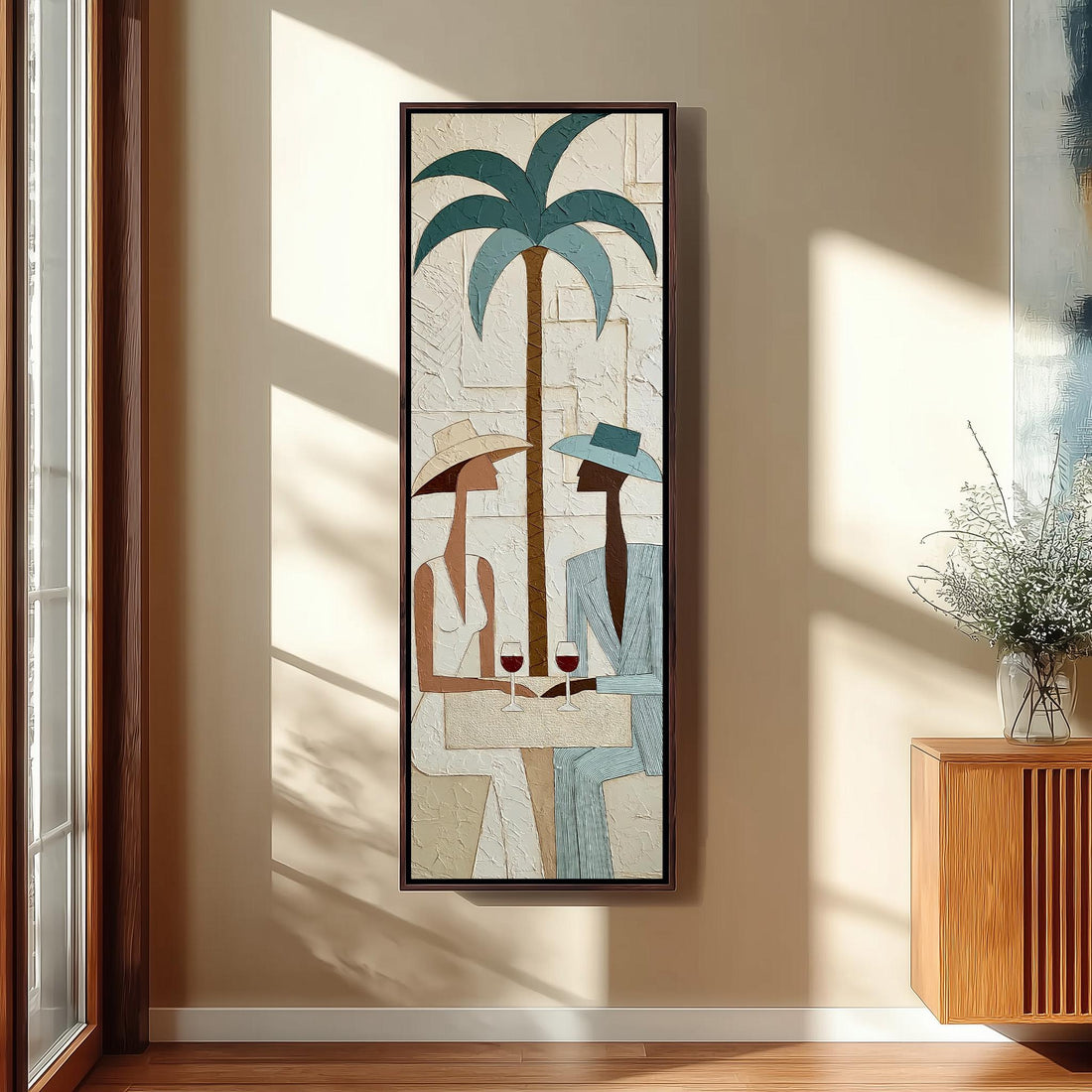 Couple sharing wine under a palm tree long vertical canvas print in a sunlit living space