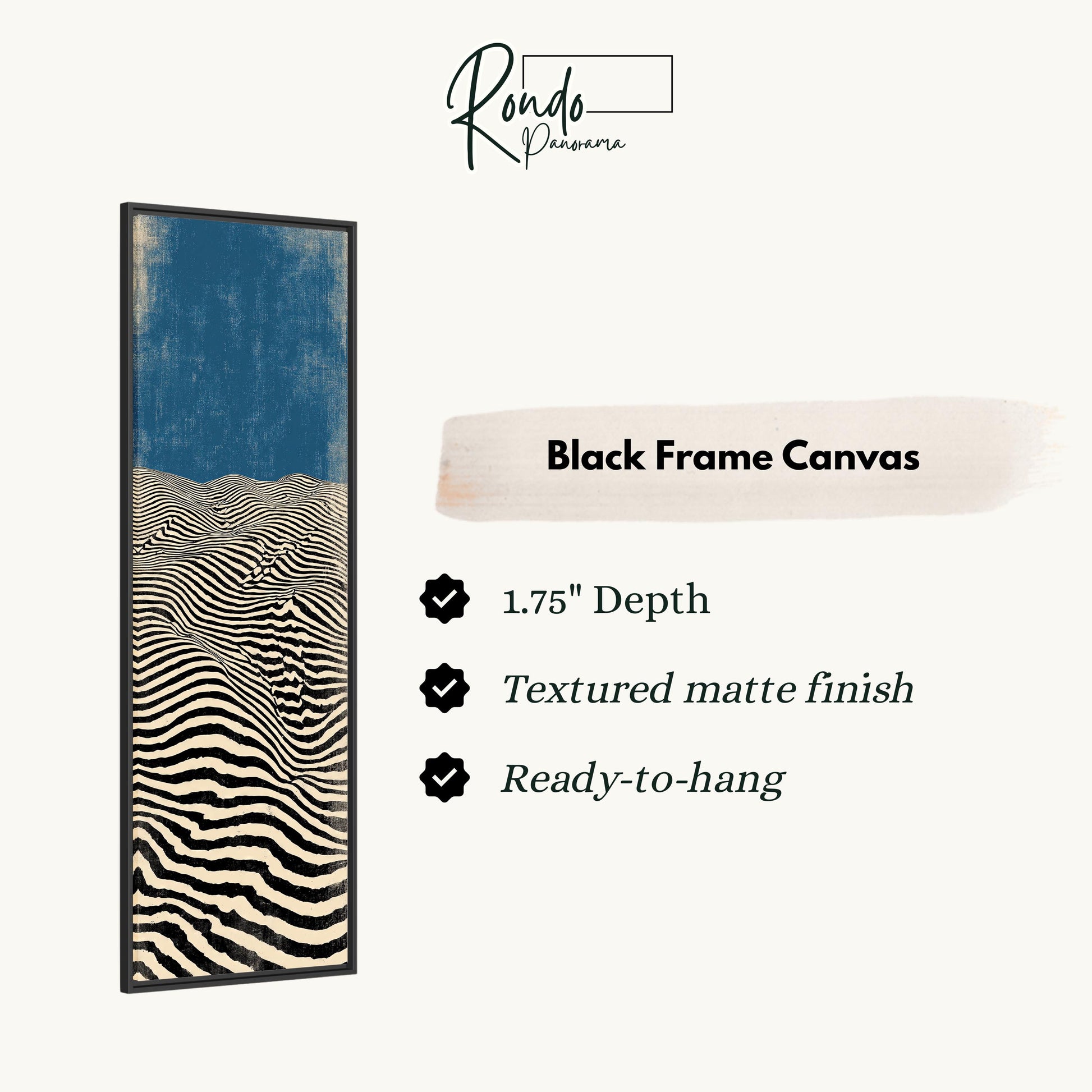The image is a black frame canvas with a striking abstract design of black and white stripes. The frame has a 1.75" depth and is textured with a matte finish, making it ready to hang.
