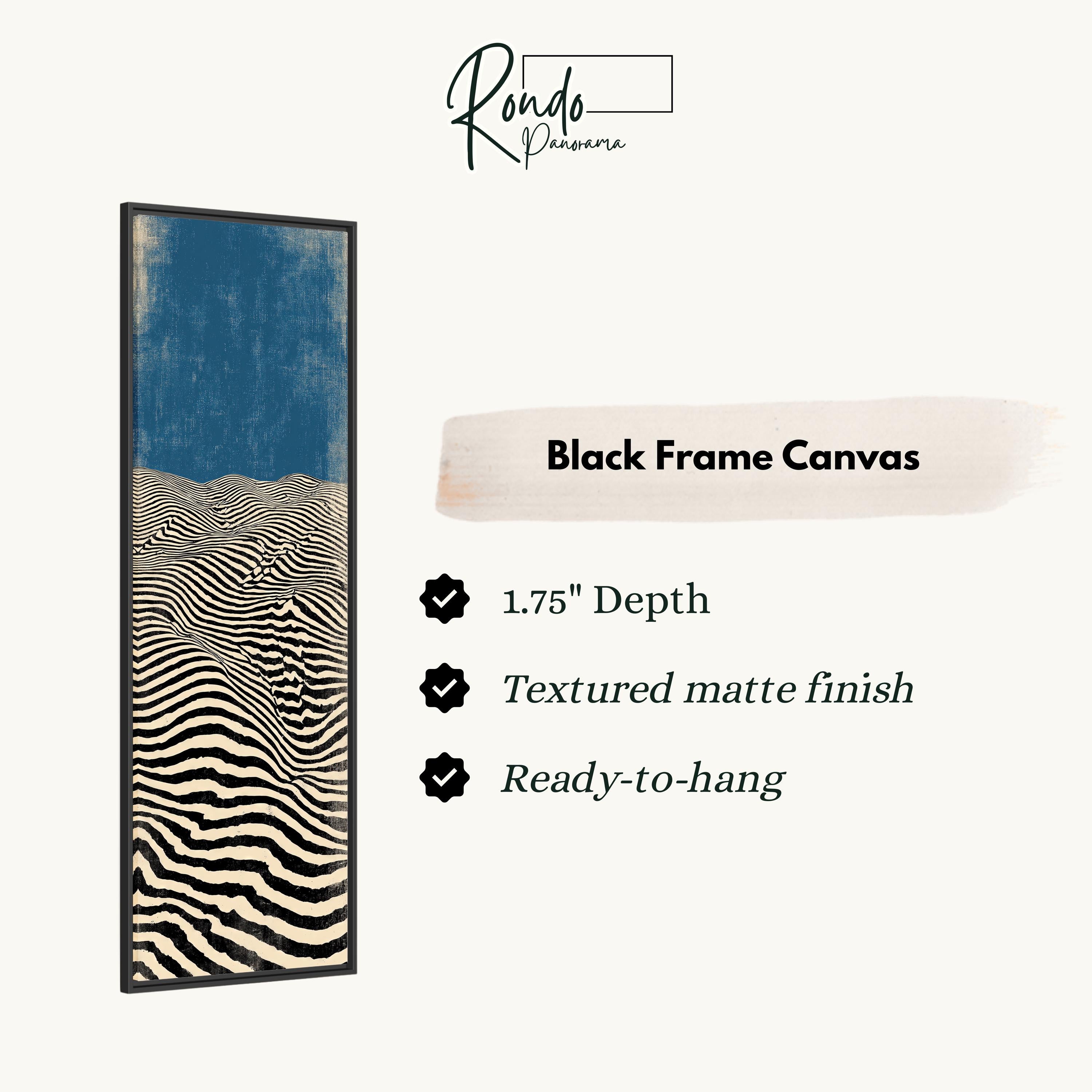 The image is a black frame canvas with a striking abstract design of black and white stripes. The frame has a 1.75" depth and is textured with a matte finish, making it ready to hang.