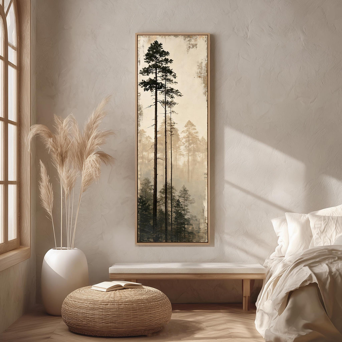 Tall pines in fog long vertical canvas print in a bright reading corner