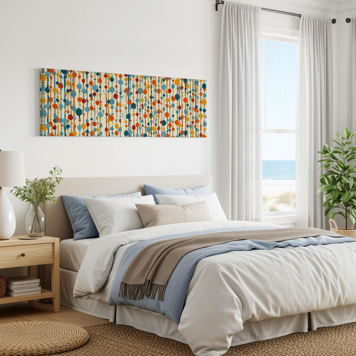Strings of colorful polka dot blooms panoramic canvas print above a bed in a coastal bedroom