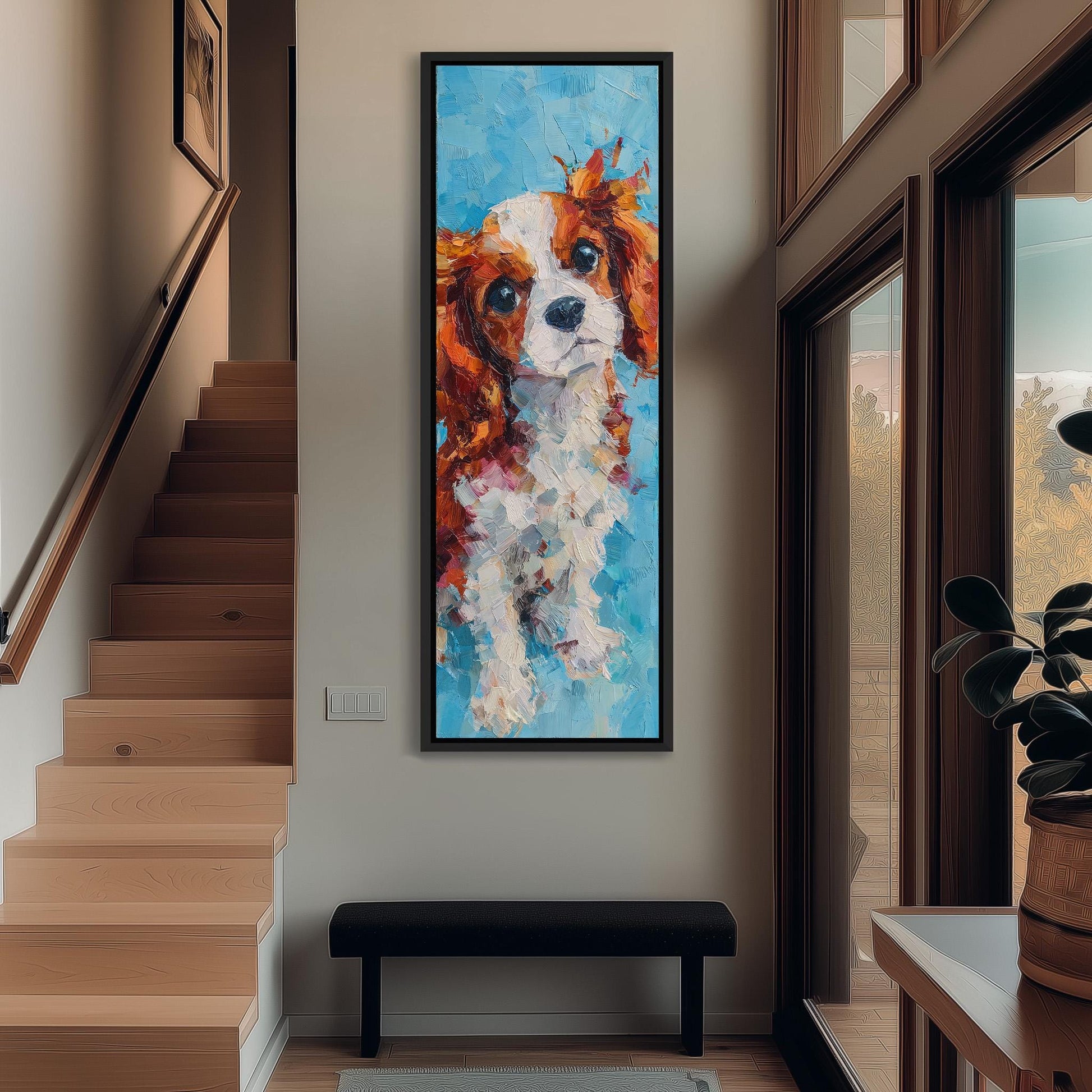 a large, colorful painting of a dog hanging on the wall in a hallway.