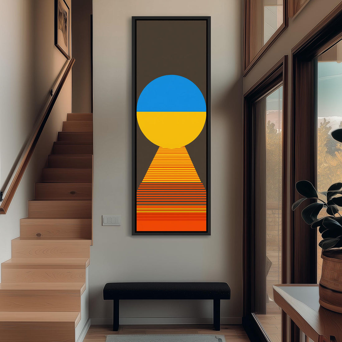 a modern hallway with a large abstract painting hanging on the wall, depicting a staircase leading up to a blue and yellow circle. The hallway is well-lit, with natural light coming in through the windows, and there is a bench in the foreground.