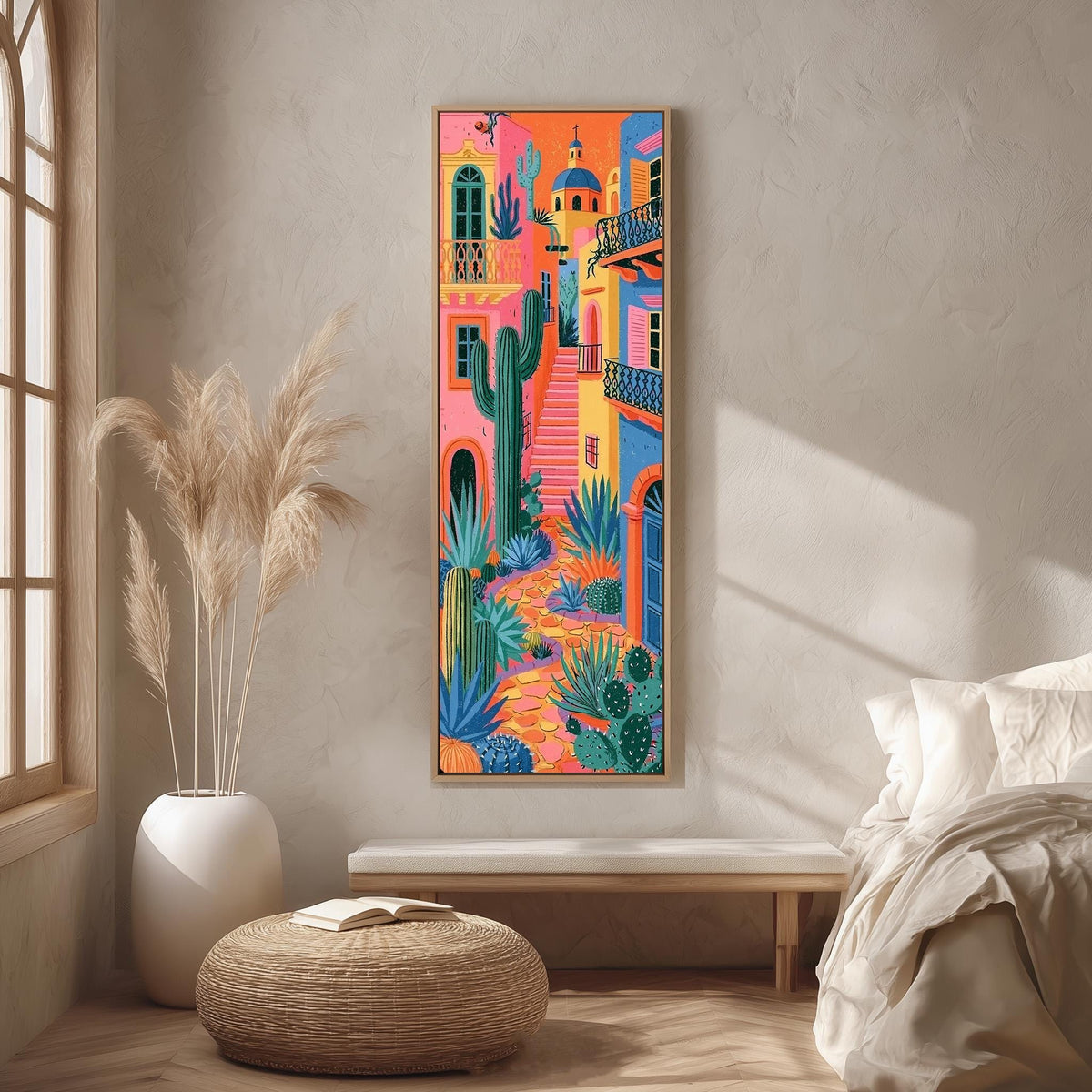 Colorful Mexican alley with cacti long vertical canvas print in a bright reading corner
