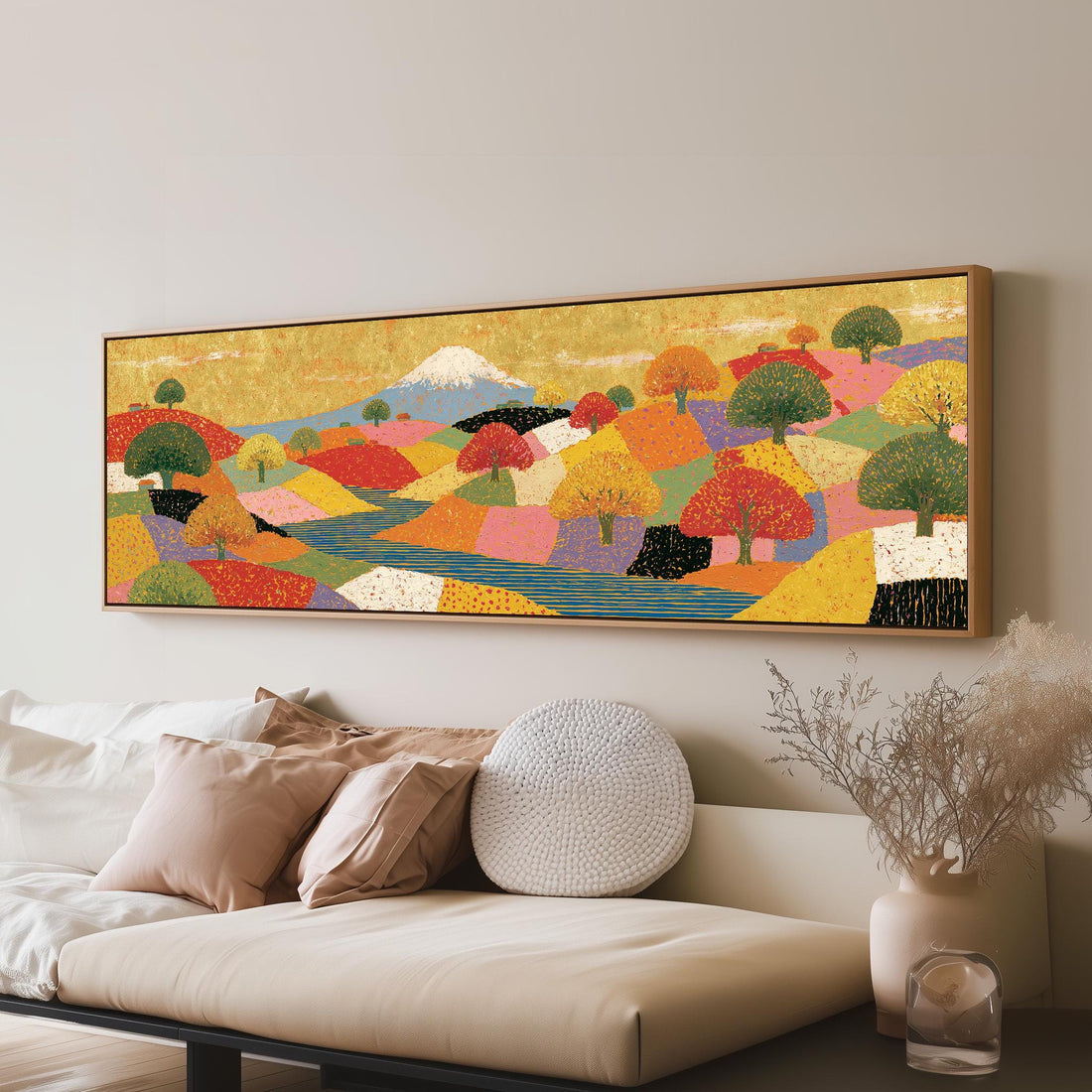 Mount Fuji over golden patchwork hills long horizontal canvas print above a sofa in a living room