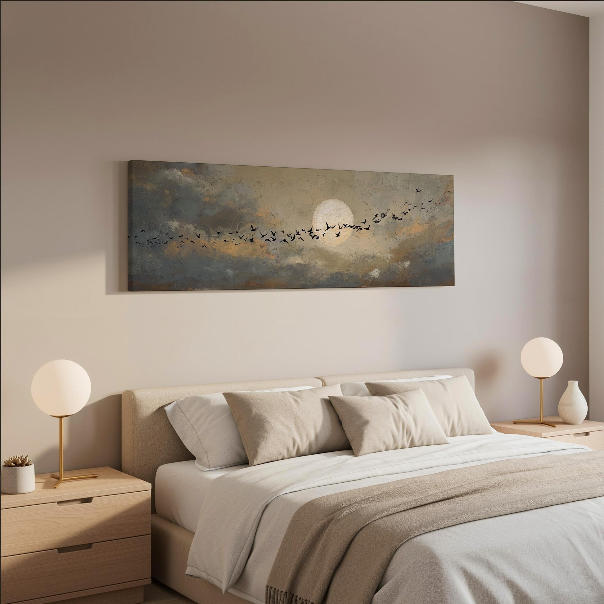 a serene bedroom scene with a large bed adorned with white linens and beige throw pillows. Above the bed, a painting of a flock of birds flying across a cloudy sky is displayed on the wall. The room is decorated with two round table lamps on either side of the bed, creating a warm and inviting atmosphere.