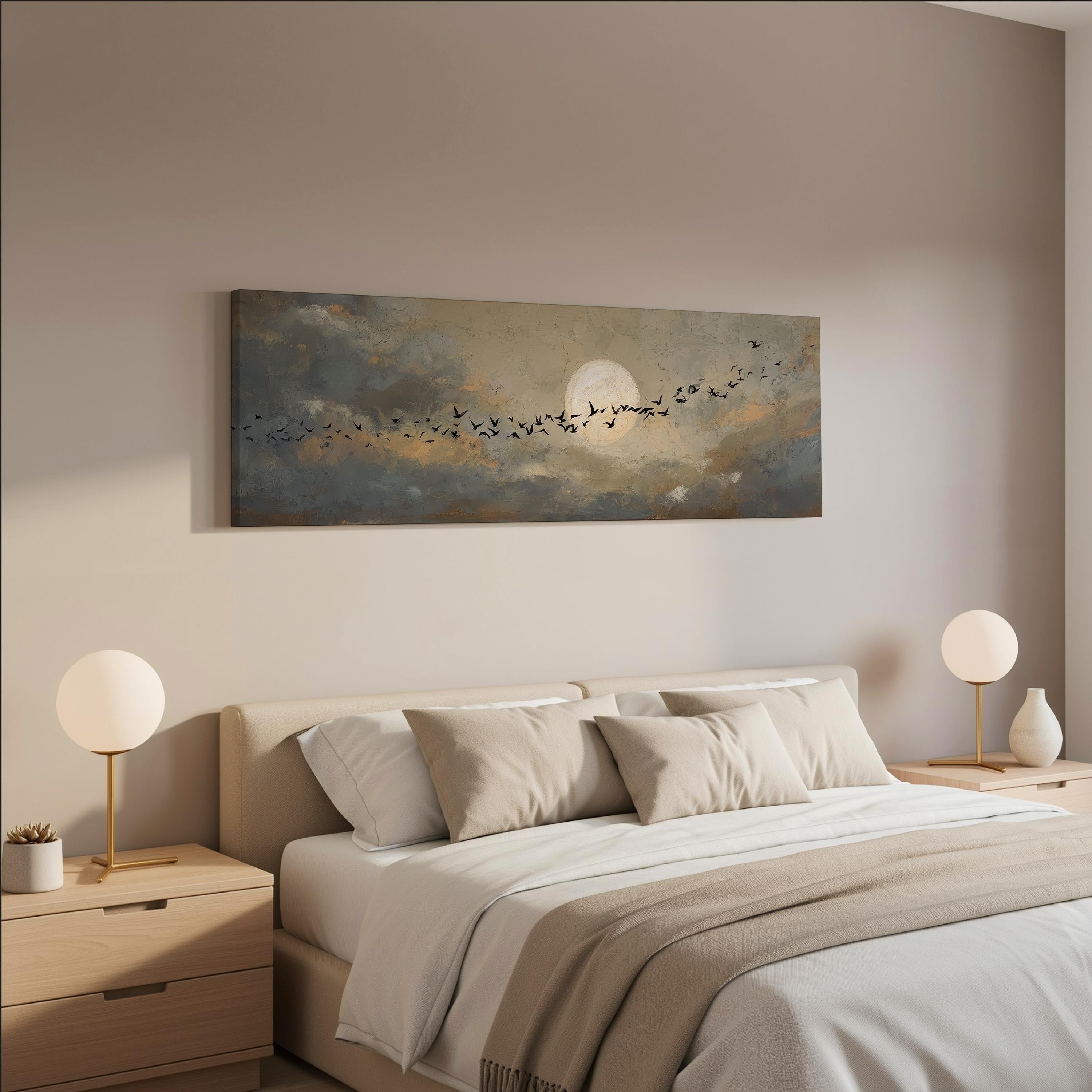 a serene bedroom scene with a large bed adorned with white linens and beige throw pillows. Above the bed, a painting of a flock of birds flying across a cloudy sky is displayed on the wall. The room is decorated with two round table lamps on either side of the bed, creating a warm and inviting atmosphere.