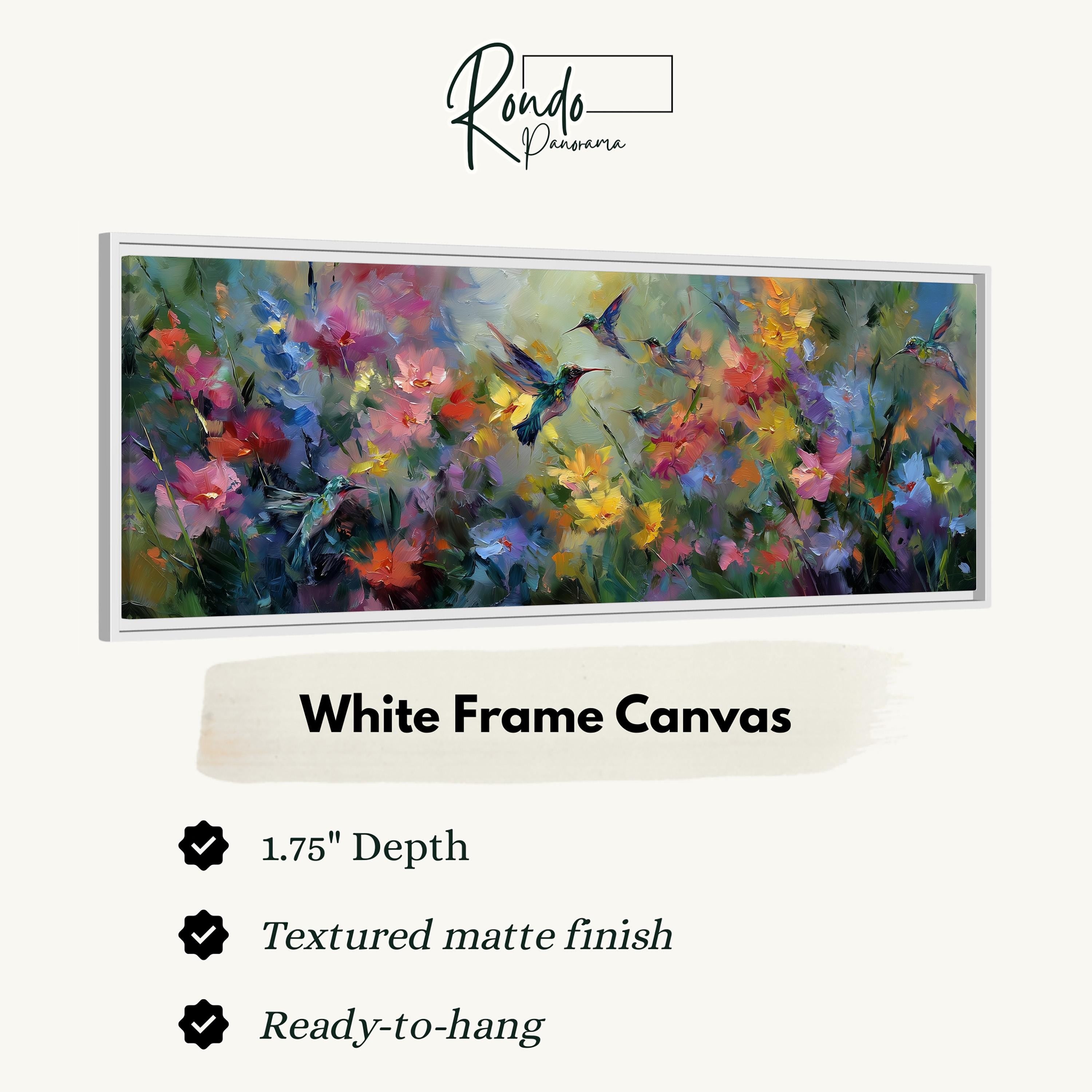 The image is a framed artwork depicting a vibrant, colorful painting of flowers and hummingbirds.