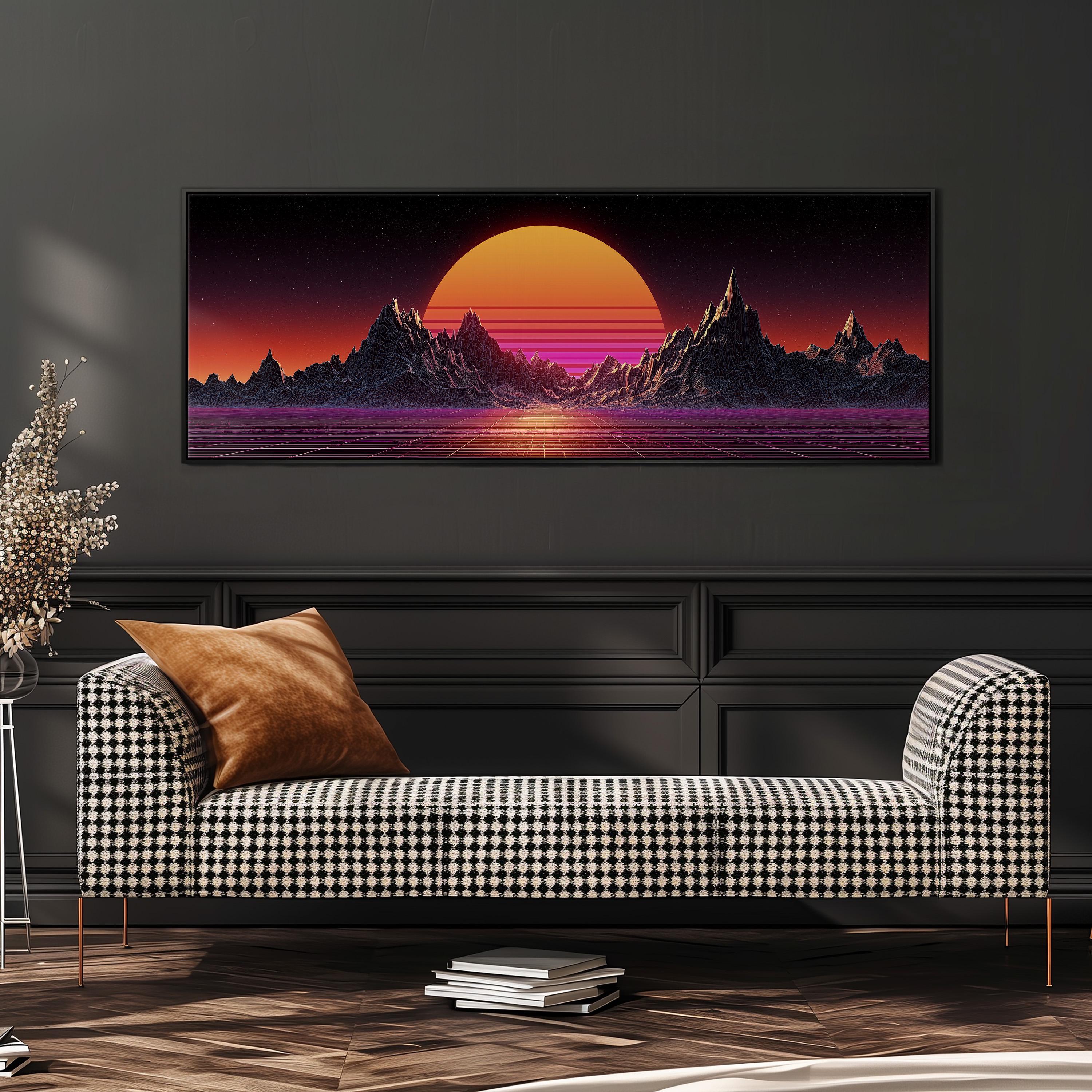 a large, colorful landscape painting hanging on a wall above a black and white checkered sofa in a modern living room setting.