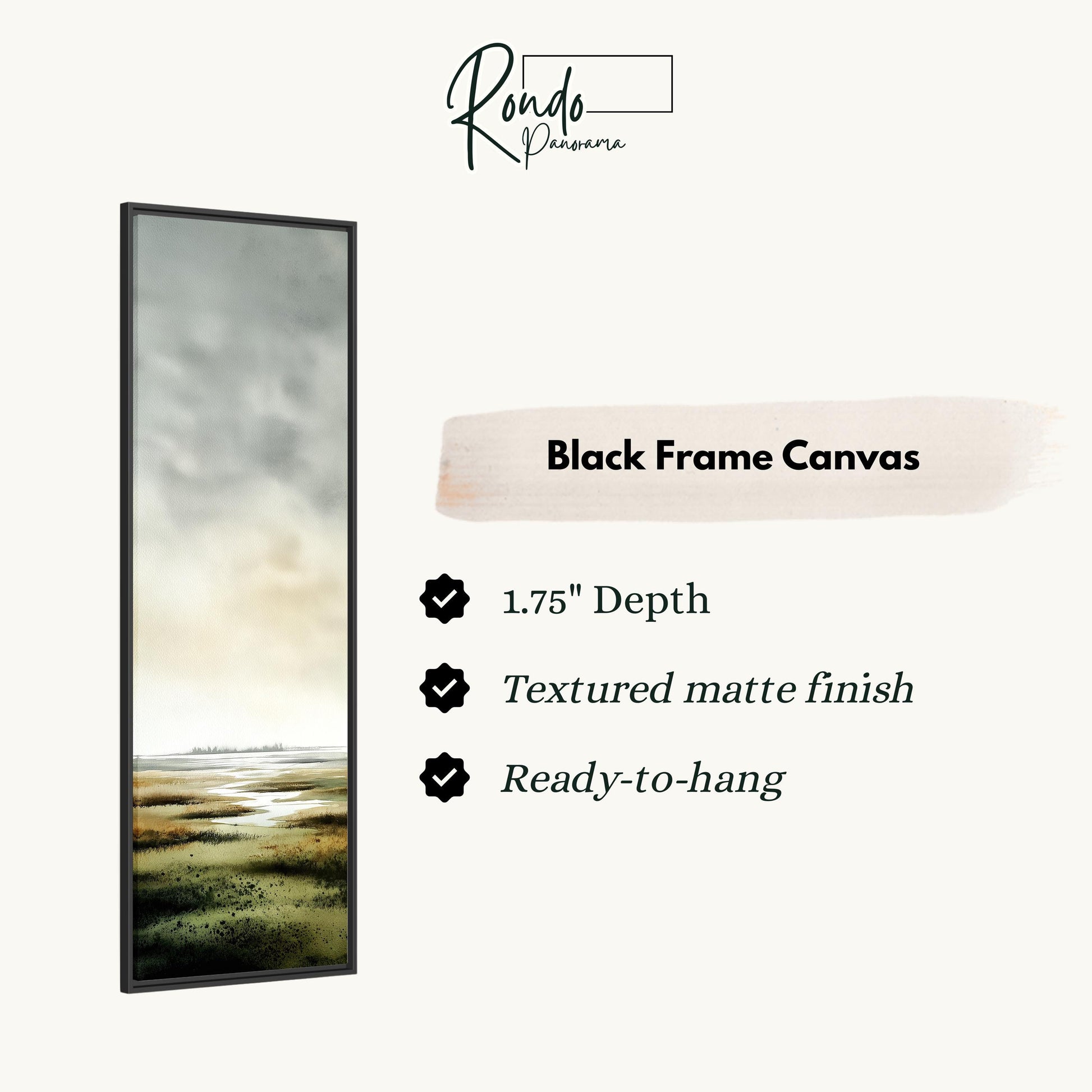 The image is a black frame canvas with a landscape painting of a field and a body of water.
