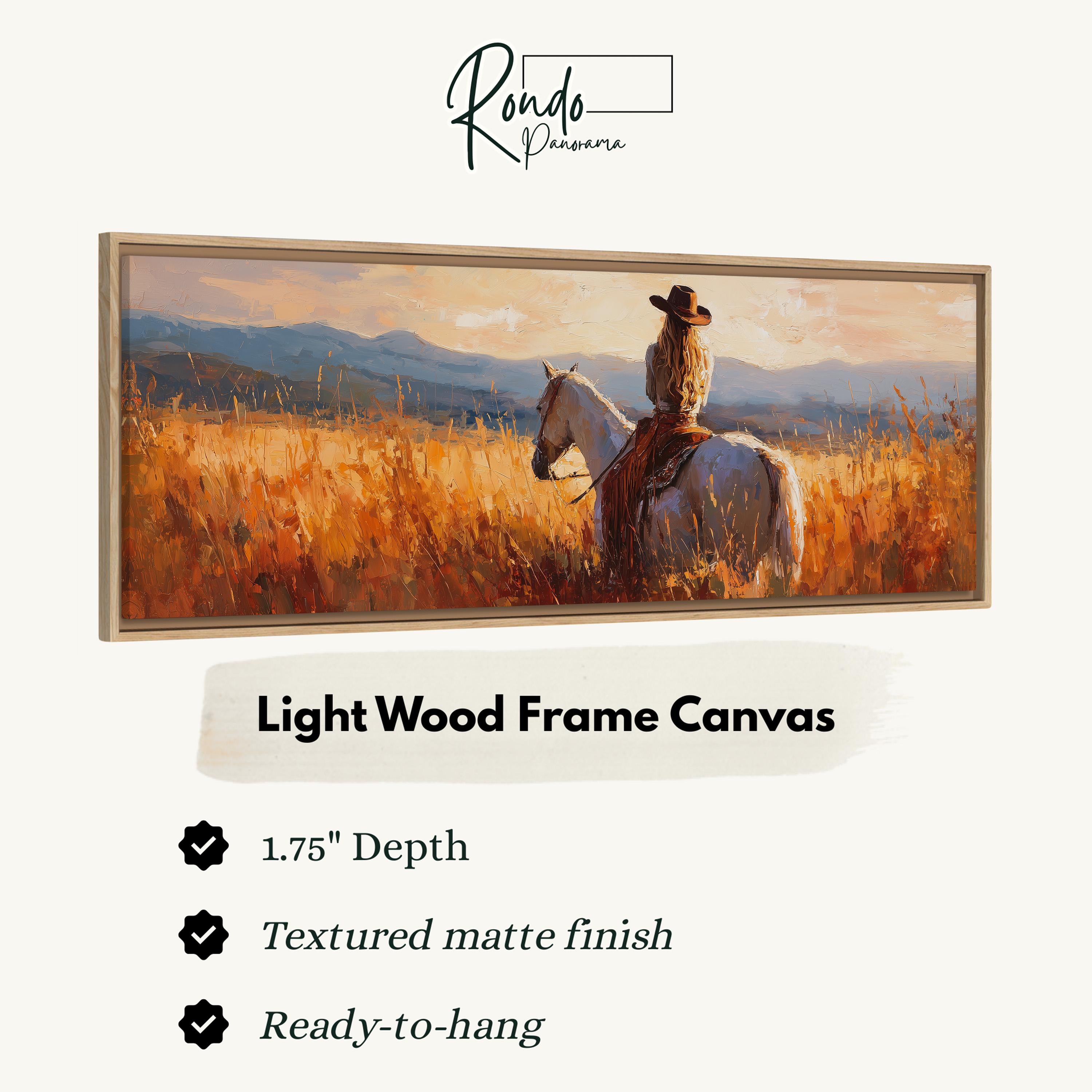 The image is a painting of a woman riding a horse in a field of tall grass.