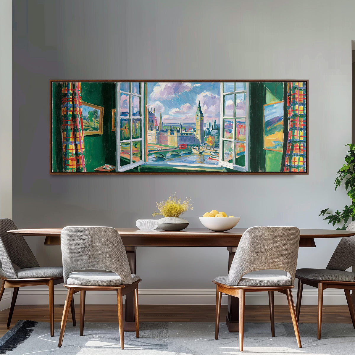 London and Big Ben through a green room window long horizontal canvas print above a dining table