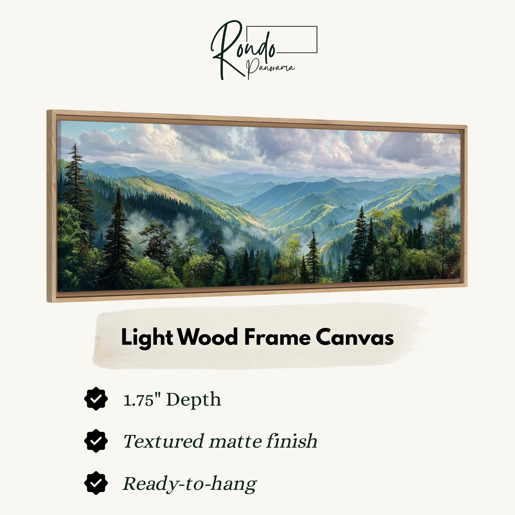 The image is a framed landscape painting depicting a mountainous, forested area with a cloudy sky.