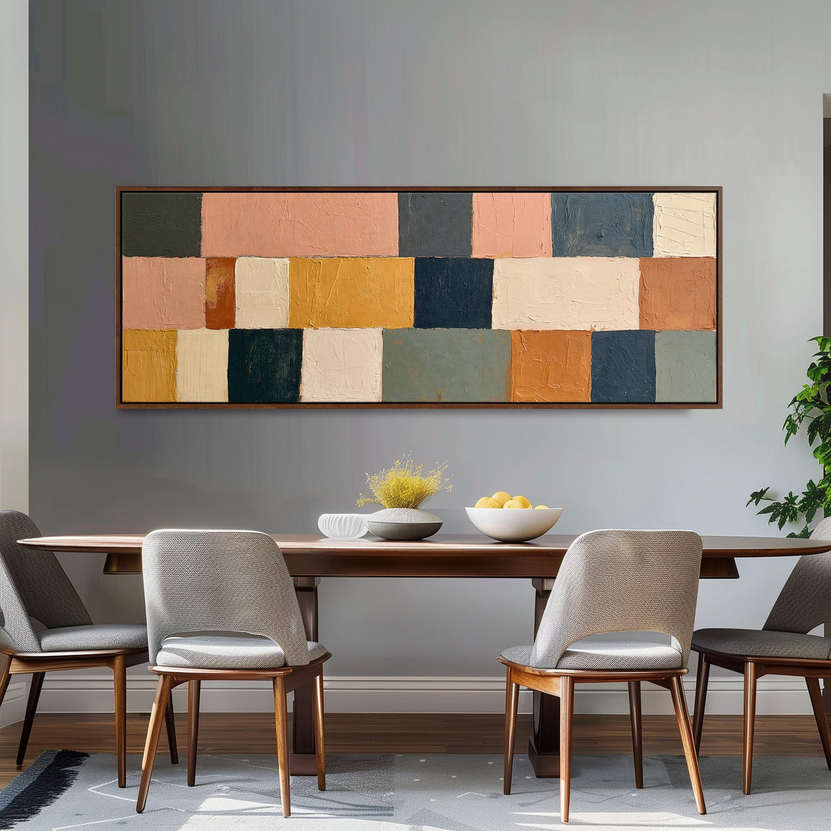 Mustard, sage, blush and navy patchwork long horizontal canvas print above a dining table