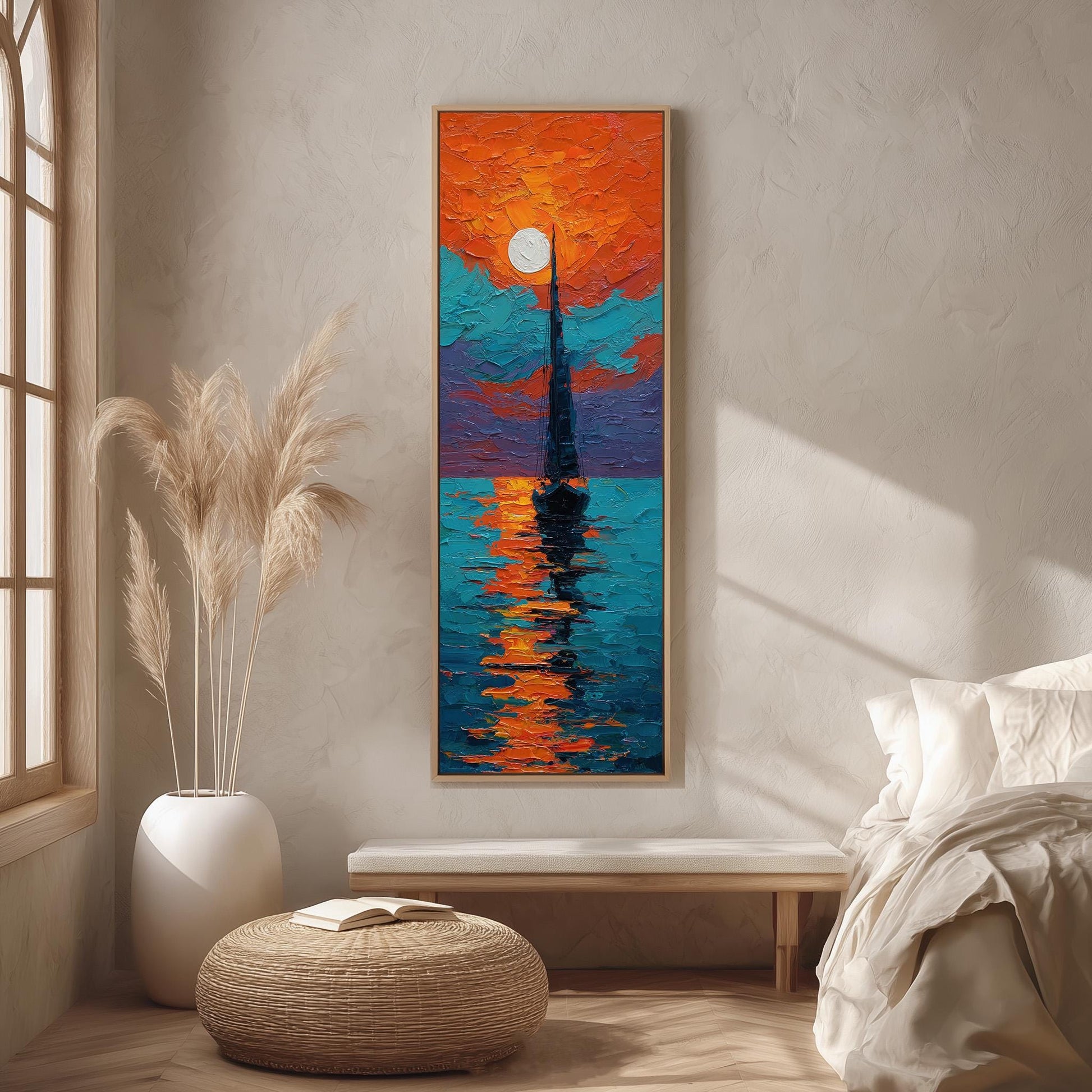a large, colorful painting of a sailboat on the ocean, hanging on a wall in a room with a window and a white bed.