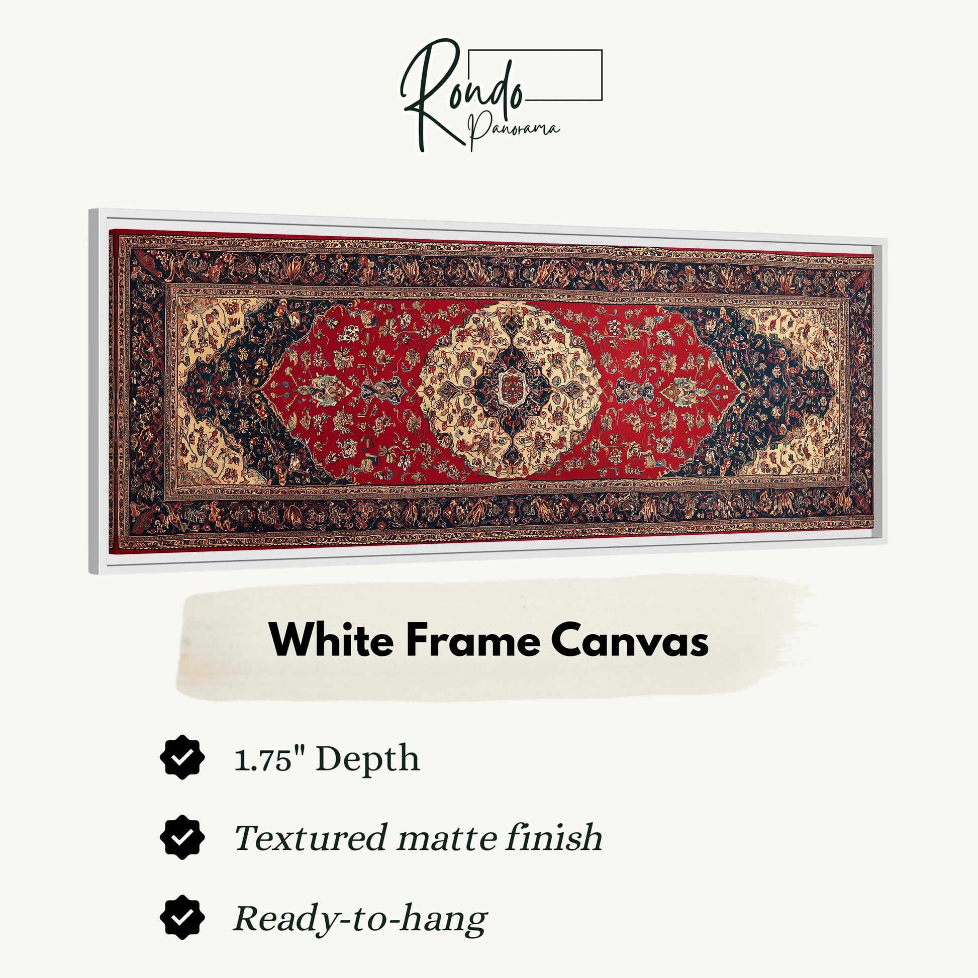 a large, intricately designed rug with a white frame. The rug has a 1.75" depth and is textured with a matte finish. It is ready to hang and is described as a "White Frame Canvas".