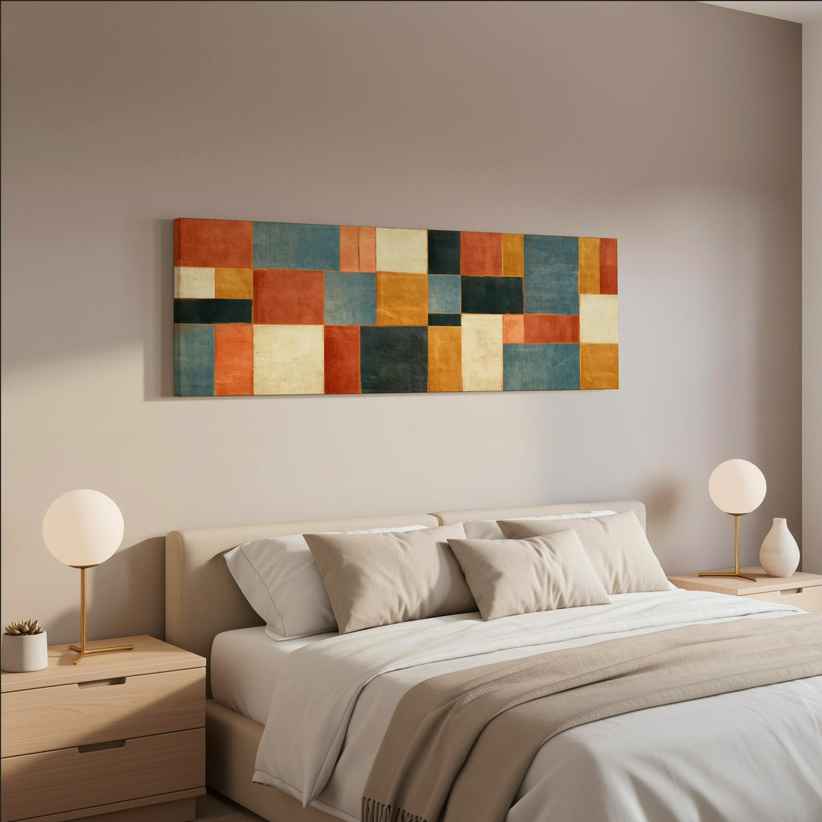 Rust, gold, navy and cream quilt blocks wide panoramic canvas print above a bed in a neutral bedroom