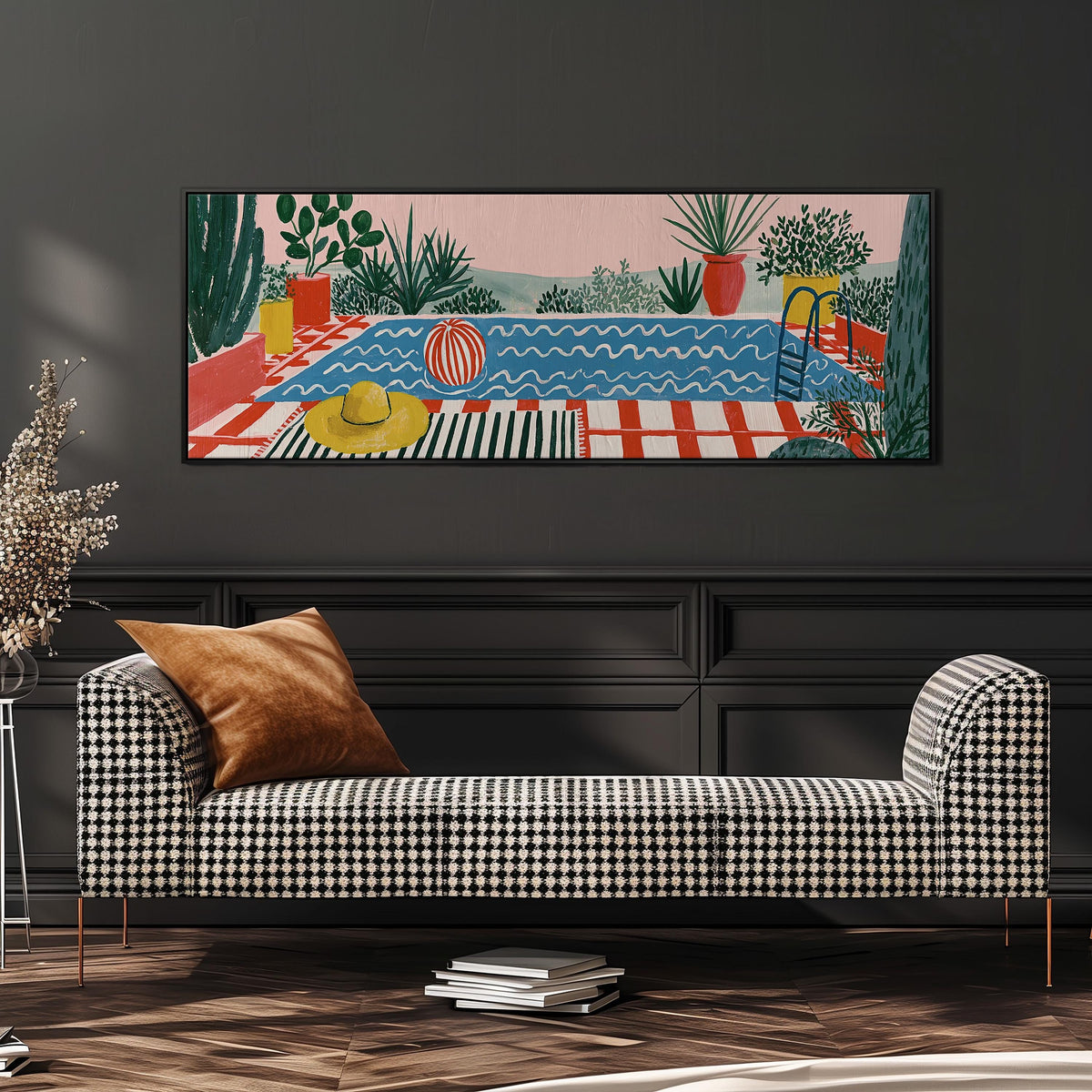 Colorful poolside courtyard wide panoramic canvas print above a bench in a dark living room