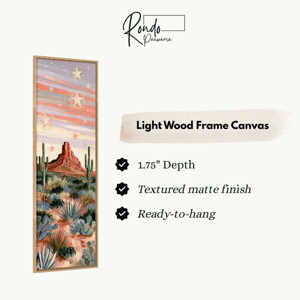 Red butte and cacti under a pastel starry sky canvas print in a light wood floating frame