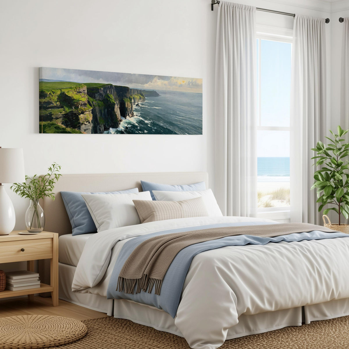 Emerald sea cliffs panoramic canvas print above a bed in a coastal bedroom