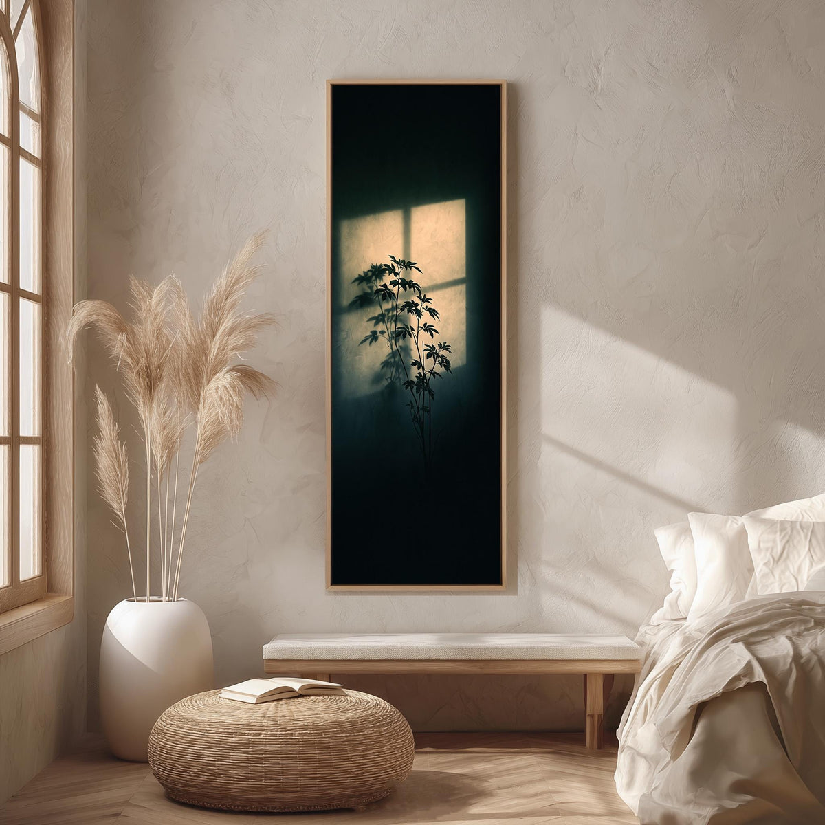 Plant silhouette in a beam of window light long vertical canvas print in a bright reading corner